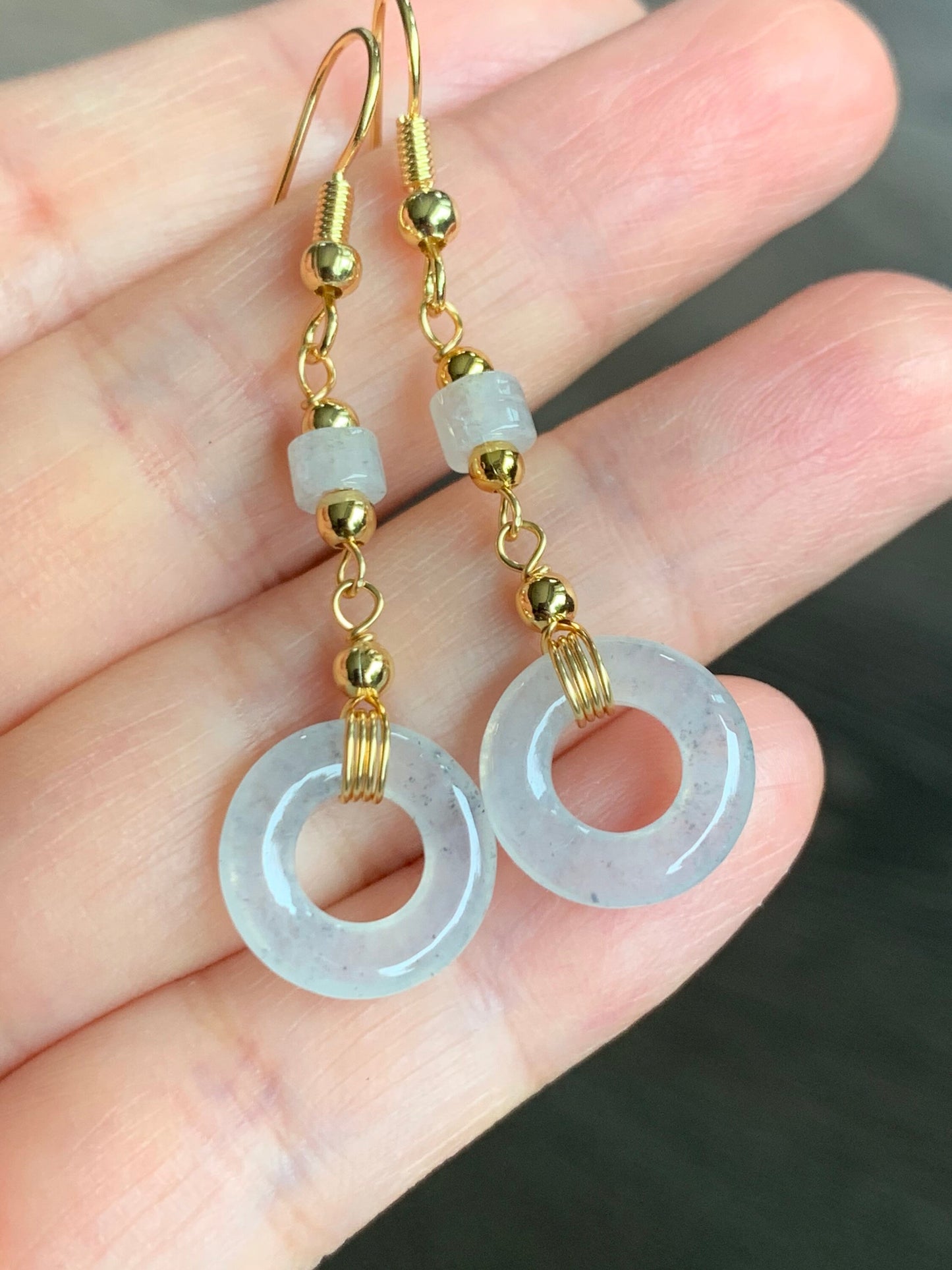 Natural Burmese Icy Highly Translucent Wuji Jadeite Ping An Kou Donut Dangle Earrings 14K Gold Plated 天然缅甸起冰起光冰乌鸡平安圈耳吊