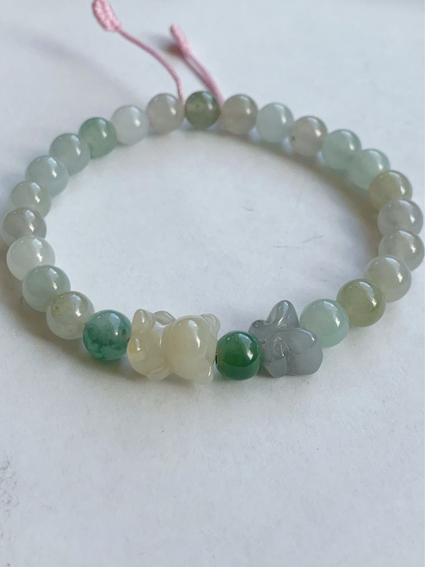 Natural Burmese Icy Translucent Gelatinous Multicolored Jadeite Beads Teddy Bear & Butterfly Beaded Bracelet 6.75” 天然缅甸冰胶多宝翡翠小熊和蝴蝶圆珠手串