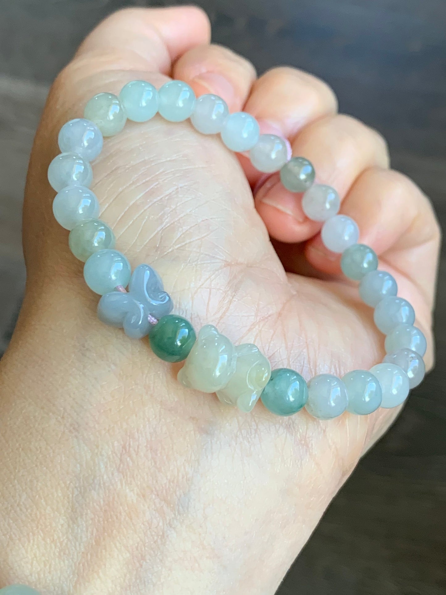 Natural Burmese Icy Translucent Gelatinous Multicolored Jadeite Beads Teddy Bear & Butterfly Beaded Bracelet 6.75” 天然缅甸冰胶多宝翡翠小熊和蝴蝶圆珠手串