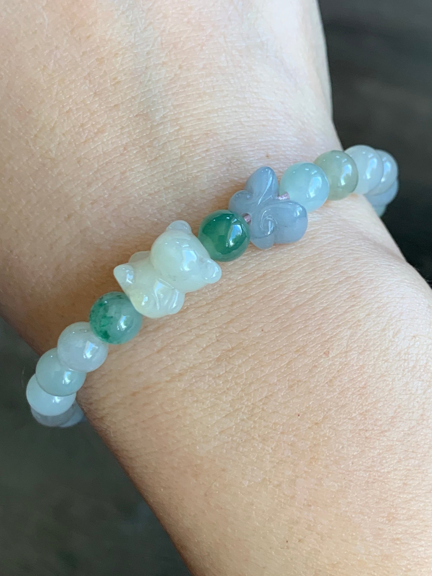 Natural Burmese Icy Translucent Gelatinous Multicolored Jadeite Beads Teddy Bear & Butterfly Beaded Bracelet 6.75” 天然缅甸冰胶多宝翡翠小熊和蝴蝶圆珠手串