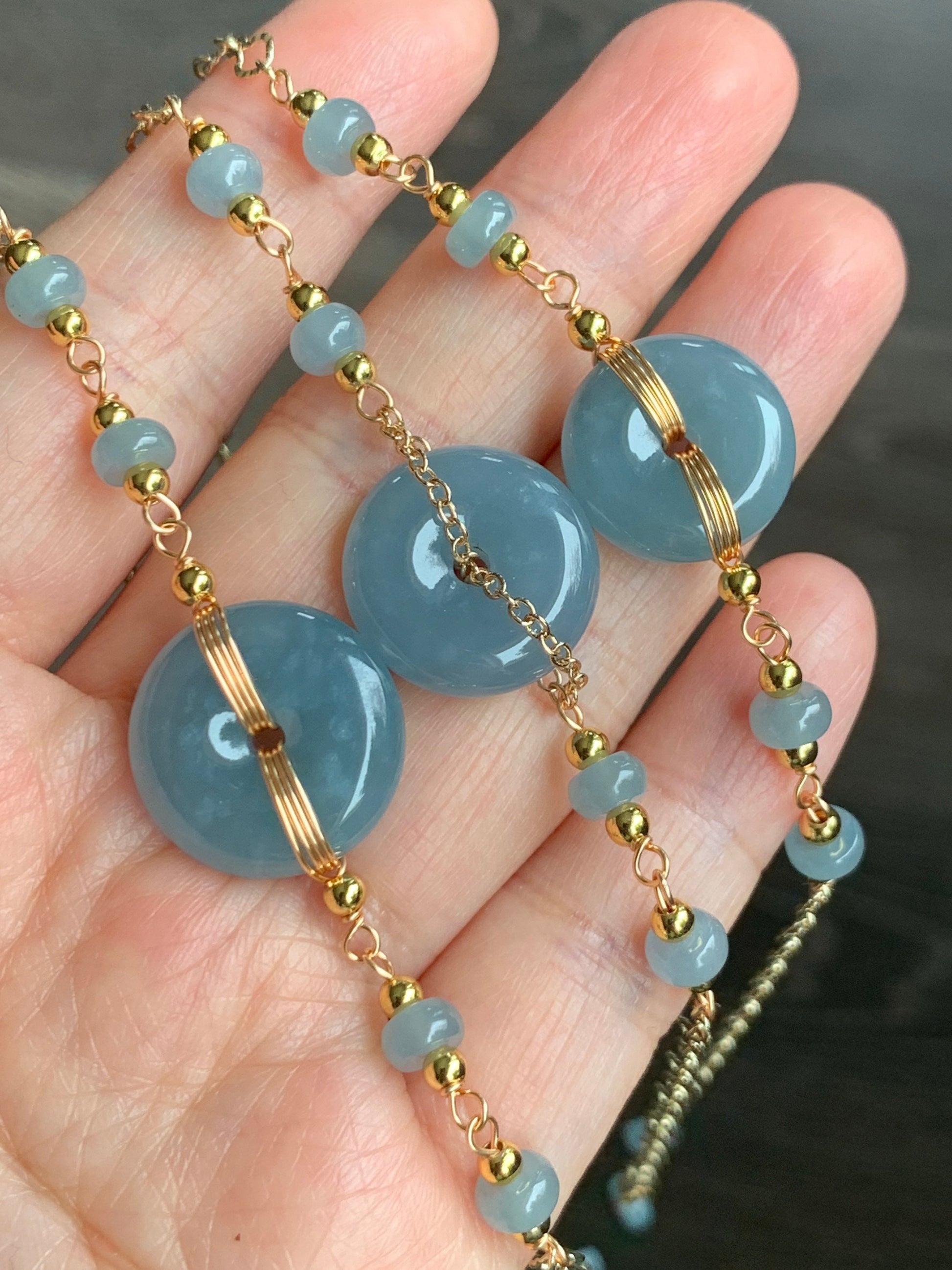 Natural Guatemalan Icy Translucent Dusty Blue Jadeite Ping An Kou Bracelet 14K Gold Plated adjustable 7.5” 天然冰危蓝莓翡翠平安扣14K包金手链