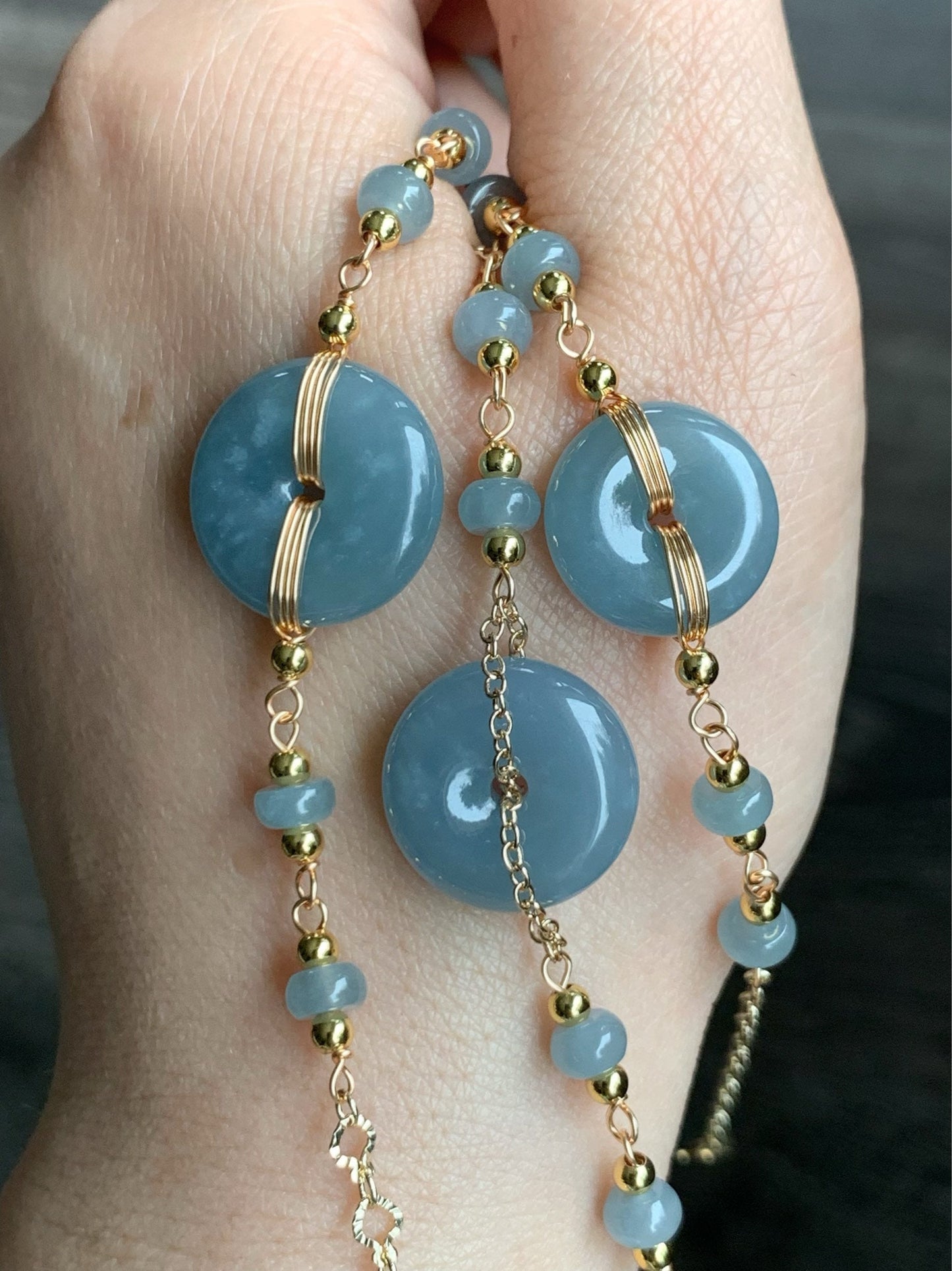 Natural Guatemalan Icy Translucent Dusty Blue Jadeite Ping An Kou Bracelet 14K Gold Plated adjustable 7.5” 天然冰危蓝莓翡翠平安扣14K包金手链