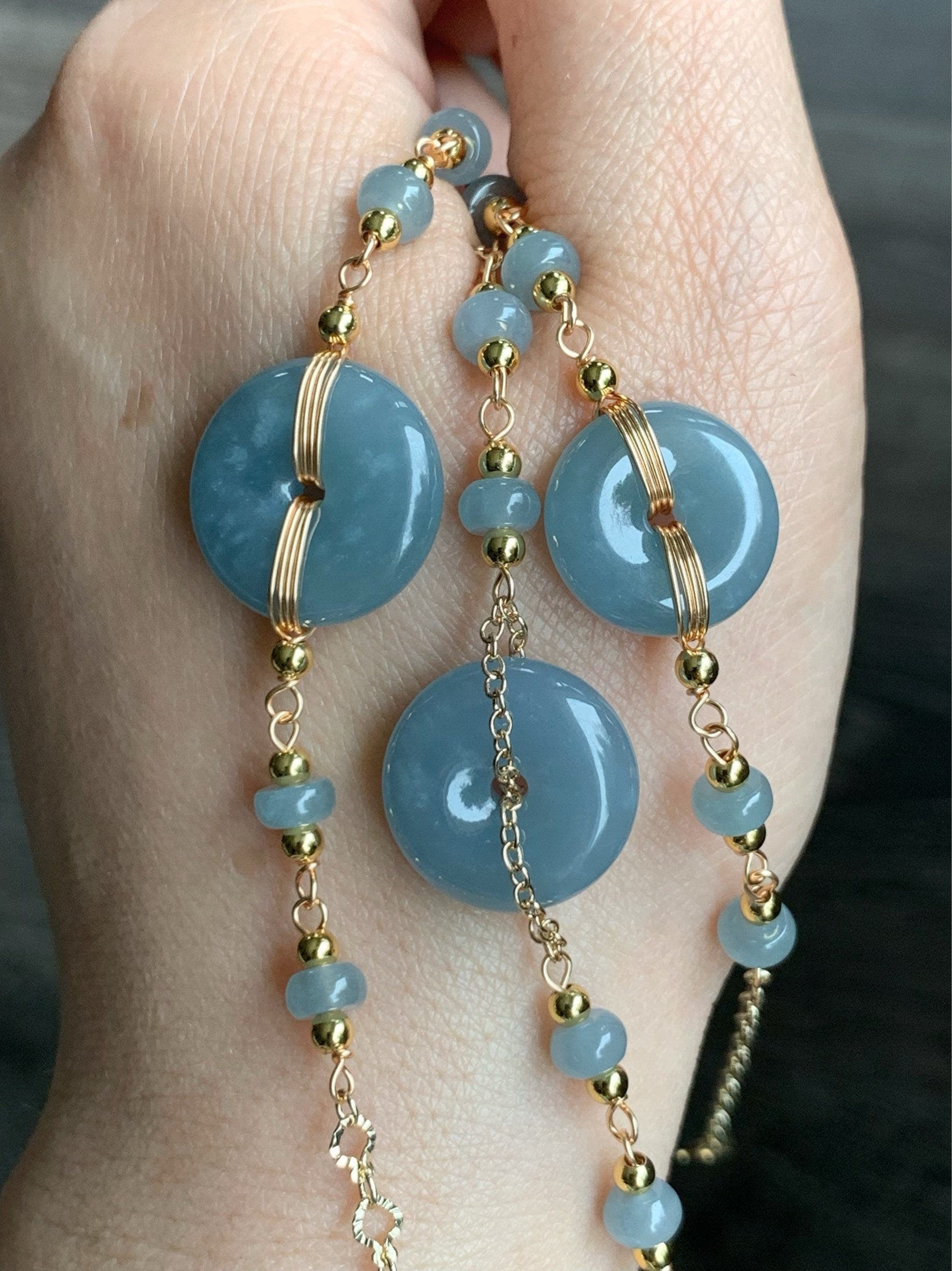 Natural Guatemalan Icy Translucent Dusty Blue Jadeite Ping An Kou Bracelet 14K Gold Plated adjustable 7.5” 天然冰危蓝莓翡翠平安扣14K包金手链