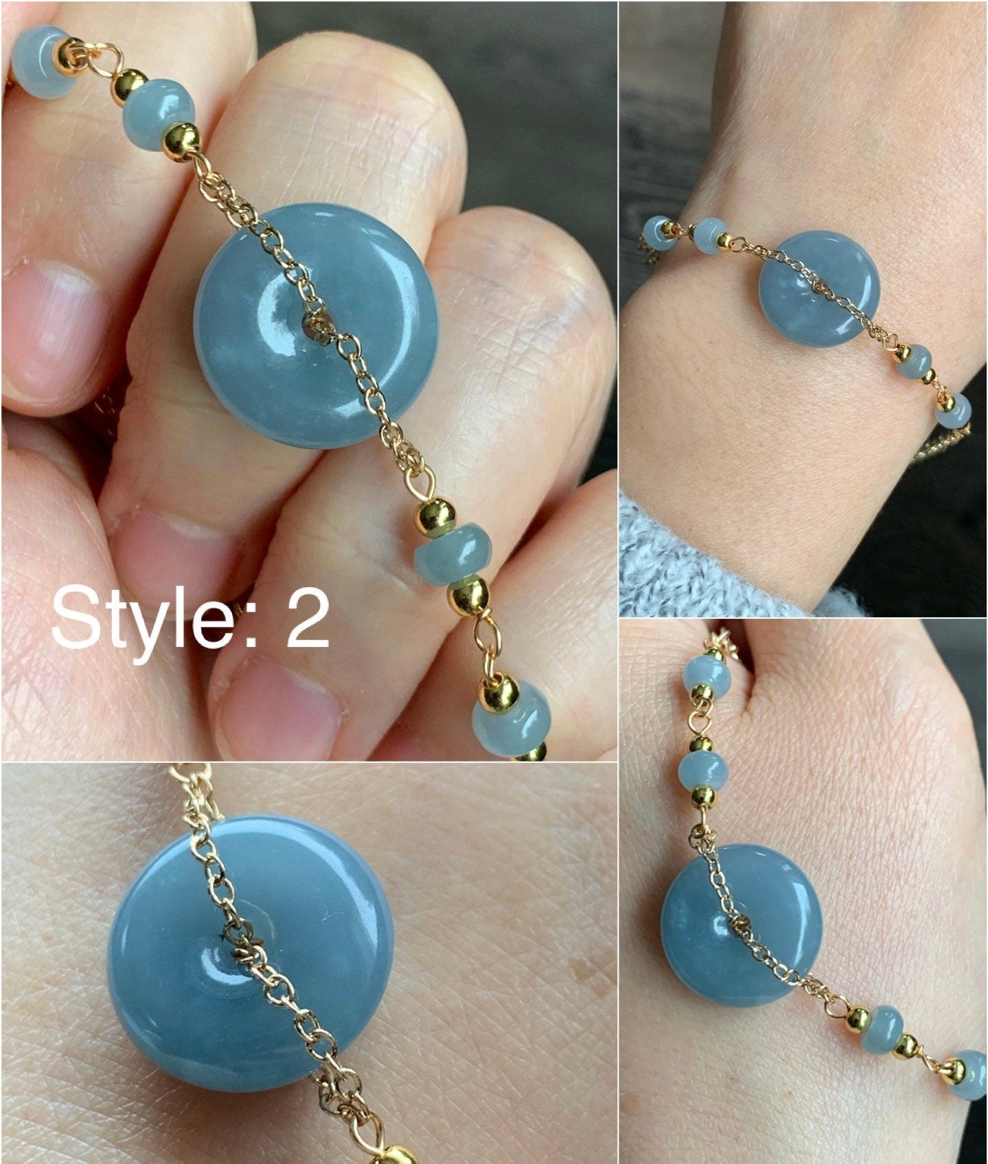 Natural Guatemalan Icy Translucent Dusty Blue Jadeite Ping An Kou Bracelet 14K Gold Plated adjustable 7.5” 天然冰危蓝莓翡翠平安扣14K包金手链