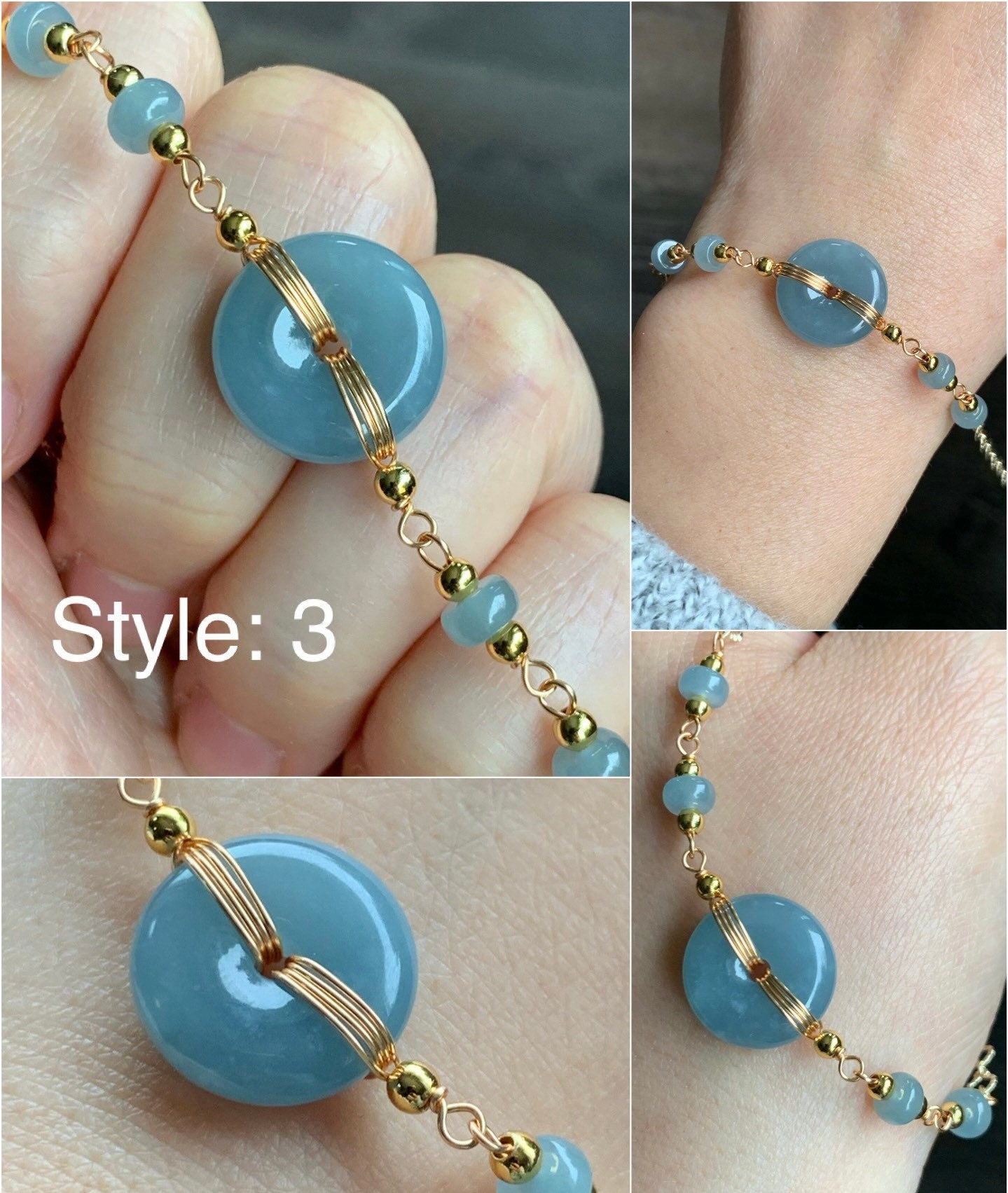 Natural Guatemalan Icy Translucent Dusty Blue Jadeite Ping An Kou Bracelet 14K Gold Plated adjustable 7.5” 天然冰危蓝莓翡翠平安扣14K包金手链