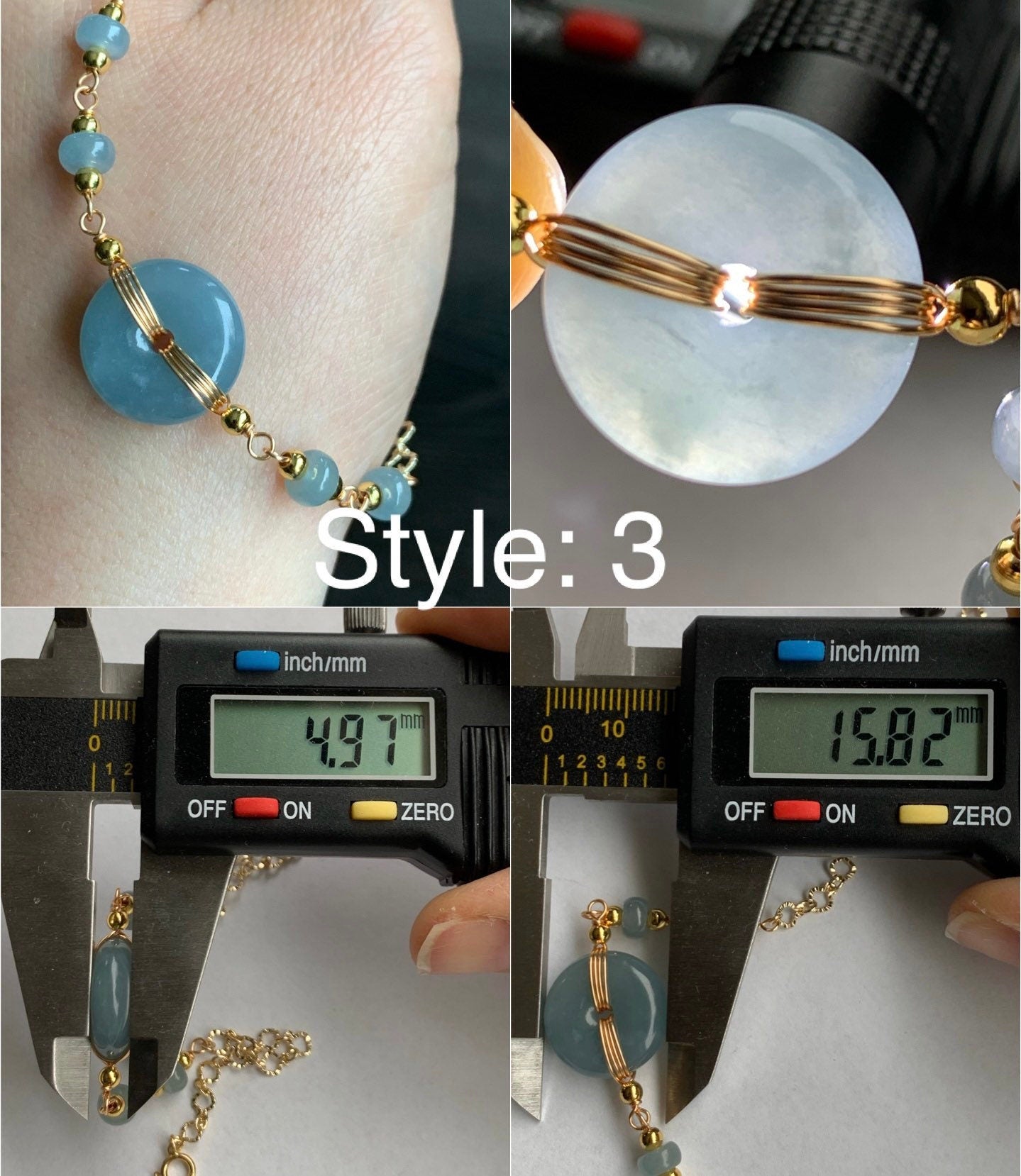 Natural Guatemalan Icy Translucent Dusty Blue Jadeite Ping An Kou Bracelet 14K Gold Plated adjustable 7.5” 天然冰危蓝莓翡翠平安扣14K包金手链