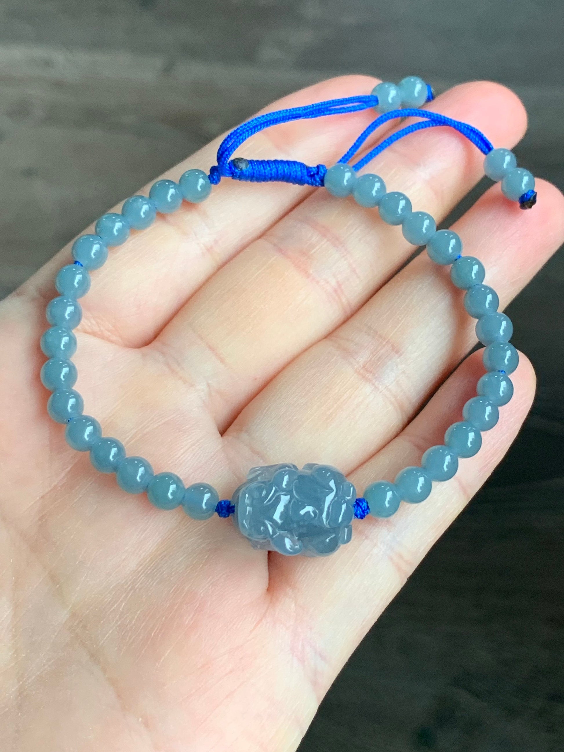 Natural Guatemalan Icy Translucent Gelatinous Light Blue Jadeite Pixiu Dusty Blue Beads Beaded Bracelet 5mm 6.75” 天然冰危蓝紫起冰起胶翡翠貔貅手串