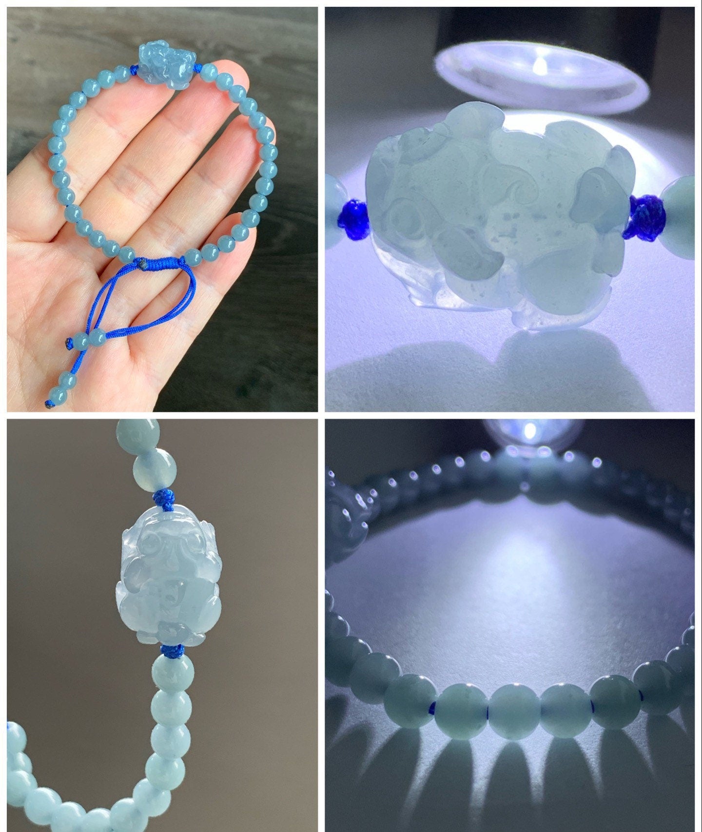 Natural Guatemalan Icy Translucent Gelatinous Light Blue Jadeite Pixiu Dusty Blue Beads Beaded Bracelet 5mm 6.75” 天然冰危蓝紫起冰起胶翡翠貔貅手串