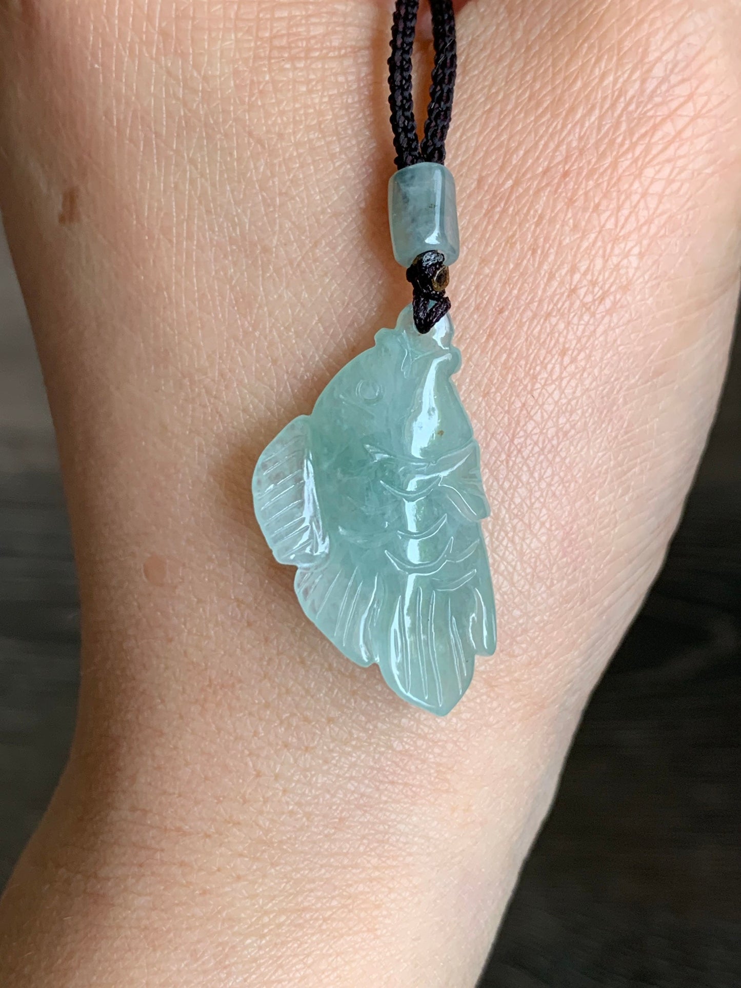 Natural Burmese Icy Translucent Light Green Jadeite Carved Fish Pendant Rope Necklace 24” Adjustable 天然缅甸冰晴绿翡翠小鱼吊坠