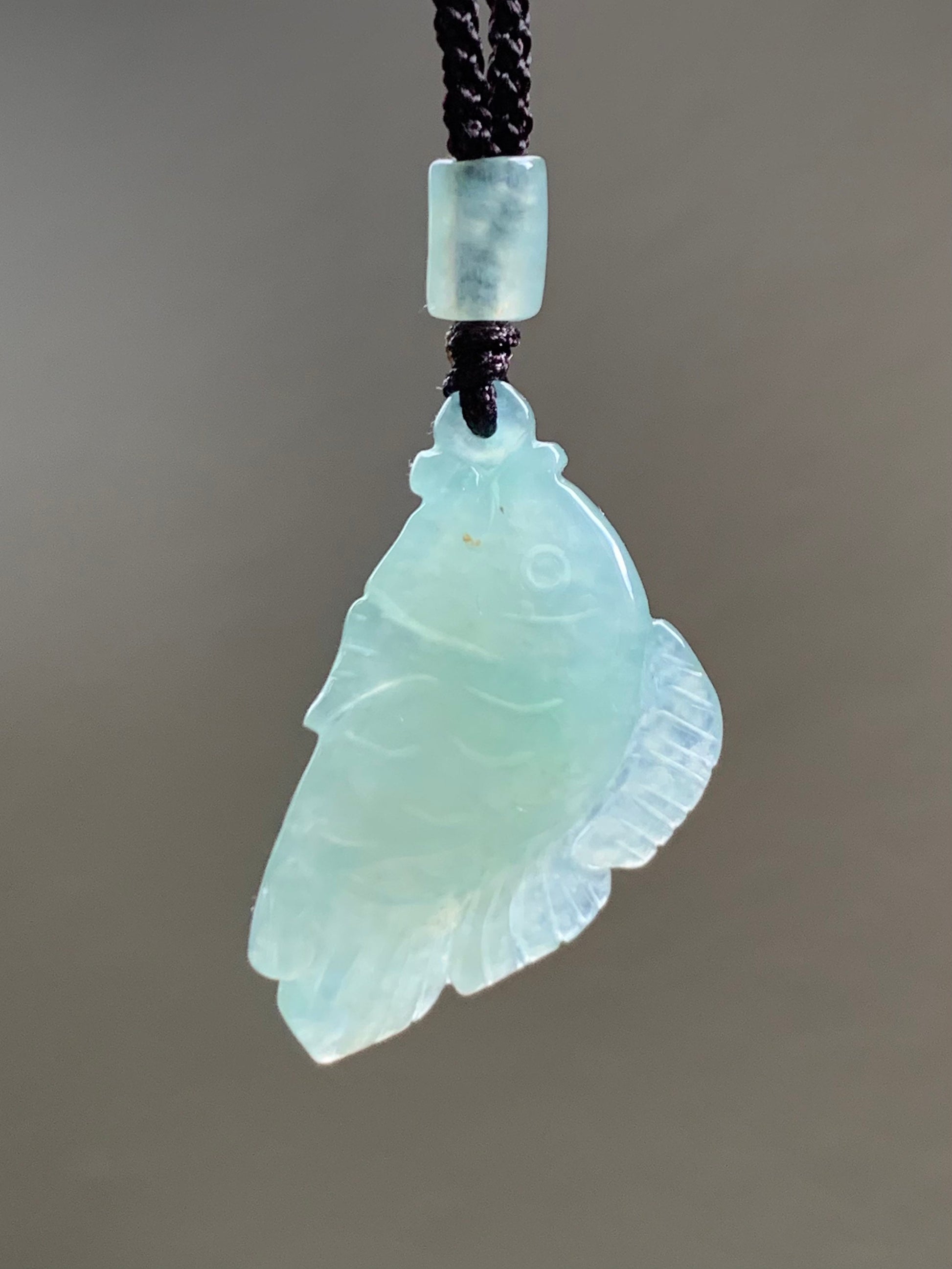 Natural Burmese Icy Translucent Light Green Jadeite Carved Fish Pendant Rope Necklace 24” Adjustable 天然缅甸冰晴绿翡翠小鱼吊坠