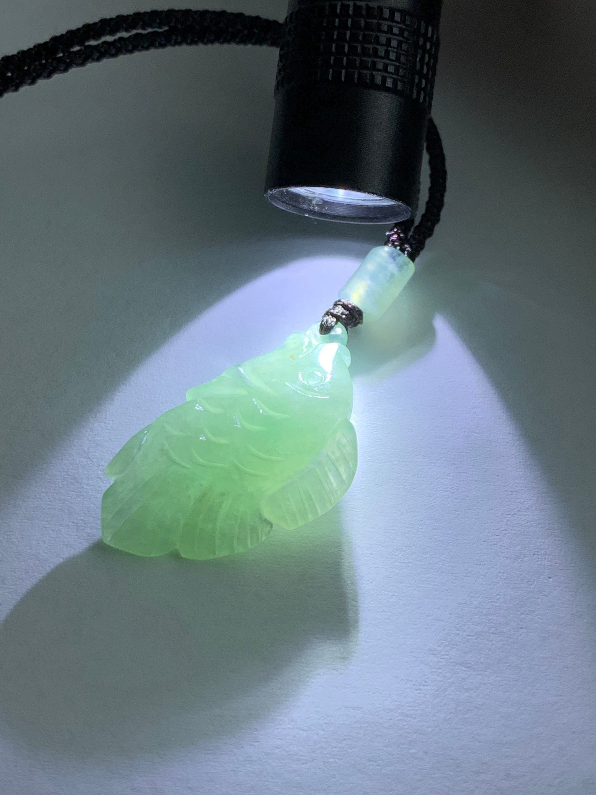 Natural Burmese Icy Translucent Light Green Jadeite Carved Fish Pendant Rope Necklace 24” Adjustable 天然缅甸冰晴绿翡翠小鱼吊坠