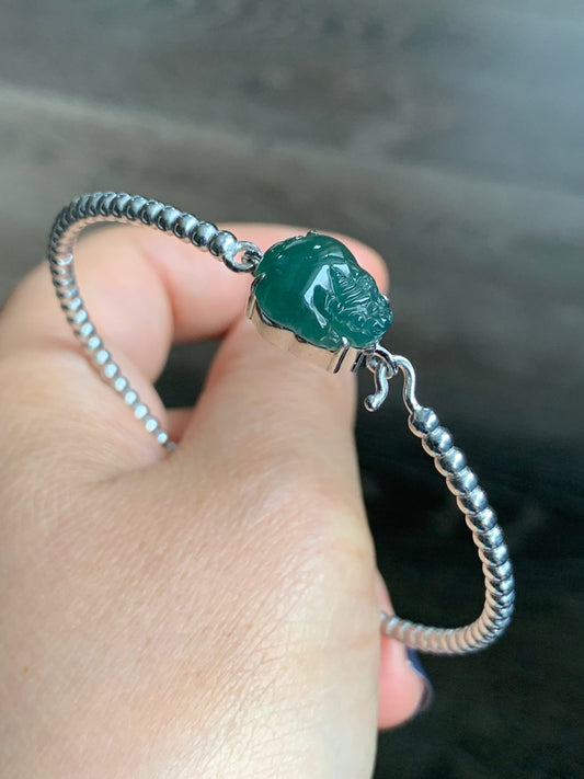Certified Natural Guatemalan Grade A Icy Dark Teal Jadeite 3-Legged Toad Bangle Bracelet Sterling Silver Custom Design 天然冰蓝水翡翠三脚金蟾银镶手镯 2698