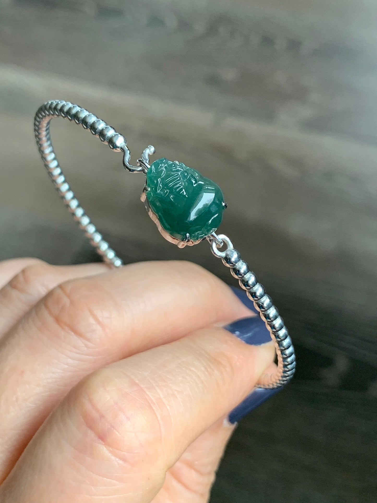 Certified Natural Guatemalan Grade A Icy Dark Teal Jadeite 3-Legged Toad Bangle Bracelet Sterling Silver Custom Design 天然冰蓝水翡翠三脚金蟾银镶手镯 2698