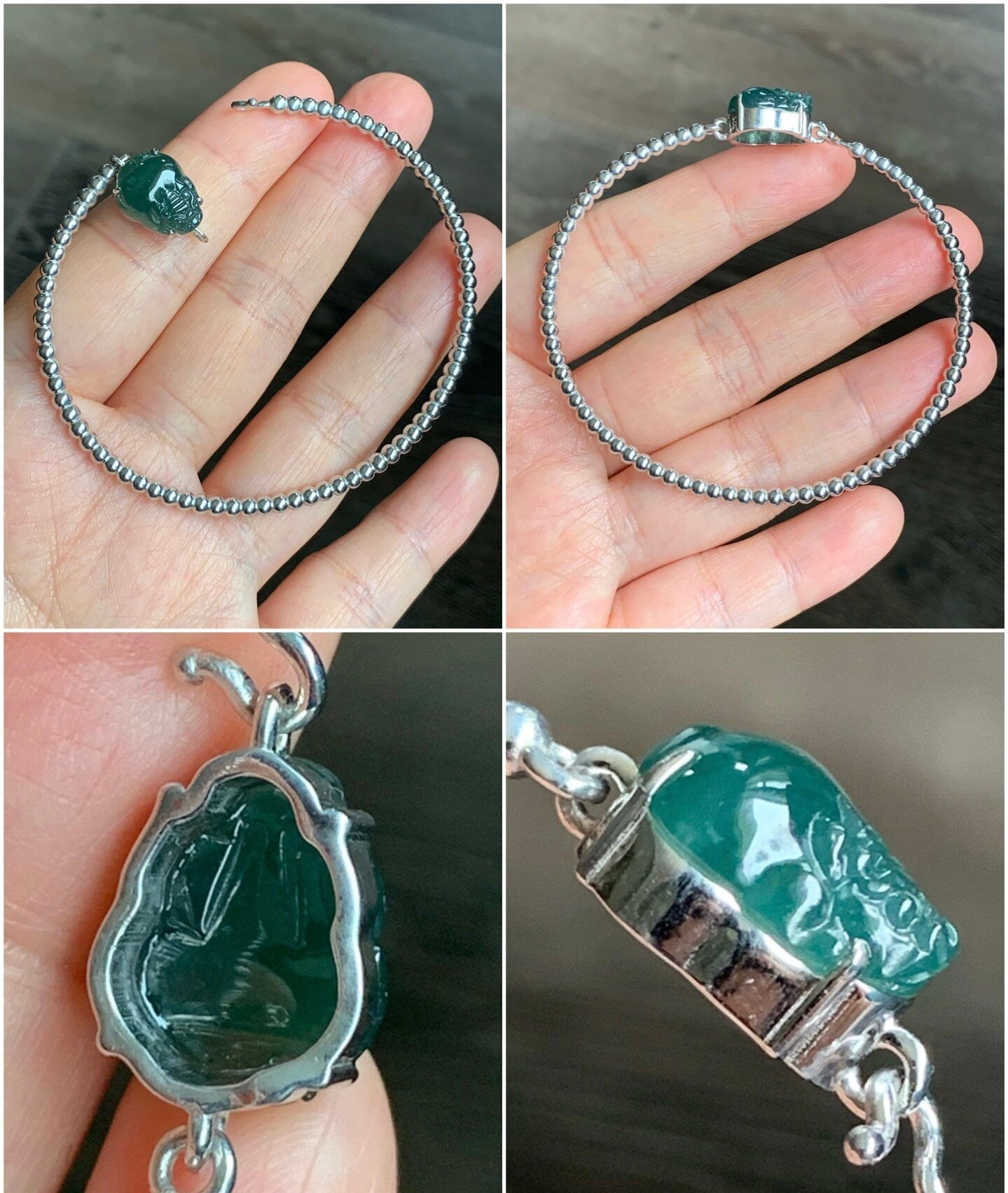 Certified Natural Guatemalan Grade A Icy Dark Teal Jadeite 3-Legged Toad Bangle Bracelet Sterling Silver Custom Design 天然冰蓝水翡翠三脚金蟾银镶手镯 2698