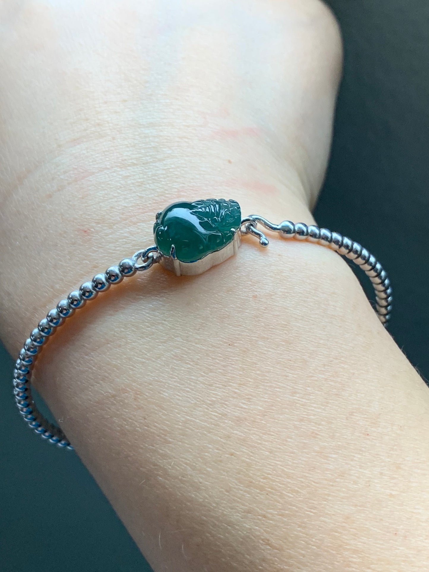 Certified Natural Guatemalan Grade A Icy Dark Teal Jadeite 3-Legged Toad Bangle Bracelet Sterling Silver Custom Design 天然冰蓝水翡翠三脚金蟾银镶手镯 2698