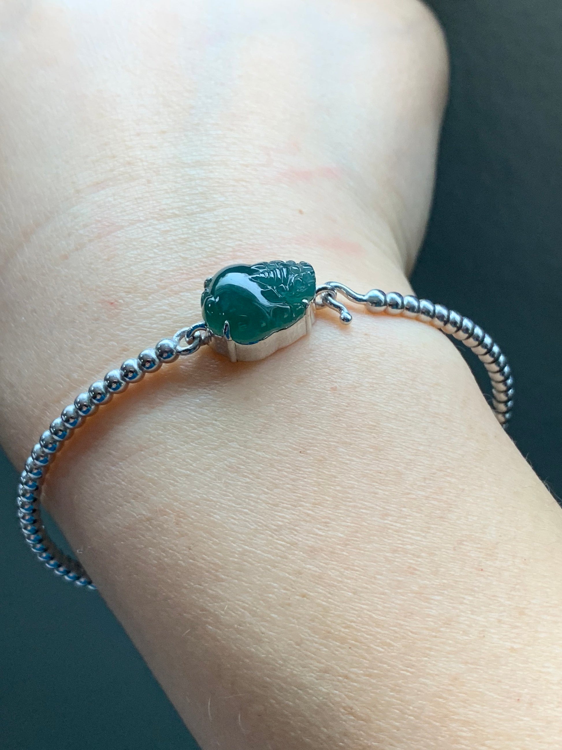 Certified Natural Guatemalan Grade A Icy Dark Teal Jadeite 3-Legged Toad Bangle Bracelet Sterling Silver Custom Design 天然冰蓝水翡翠三脚金蟾银镶手镯 2698