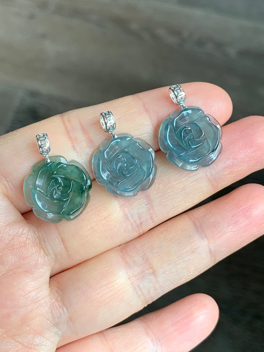 Natural Guatemalan Premium Icy Highly Translucent Blue Jadeite Carved Rose Flower Pendant 18K White Gold 天然危地马拉正冰蓝水翡翠玫瑰花镶嵌吊坠