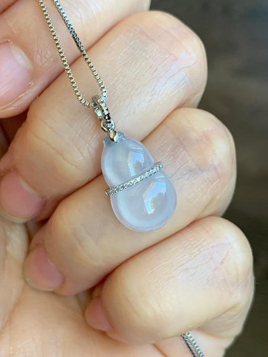 Certified Natural Burmese Premium Icy Translucent White Jadeite Hulu Gourd Pendant 18K White Gold Diamonds 天然缅甸起光白冰翡翠葫芦钻石镶嵌吊坠