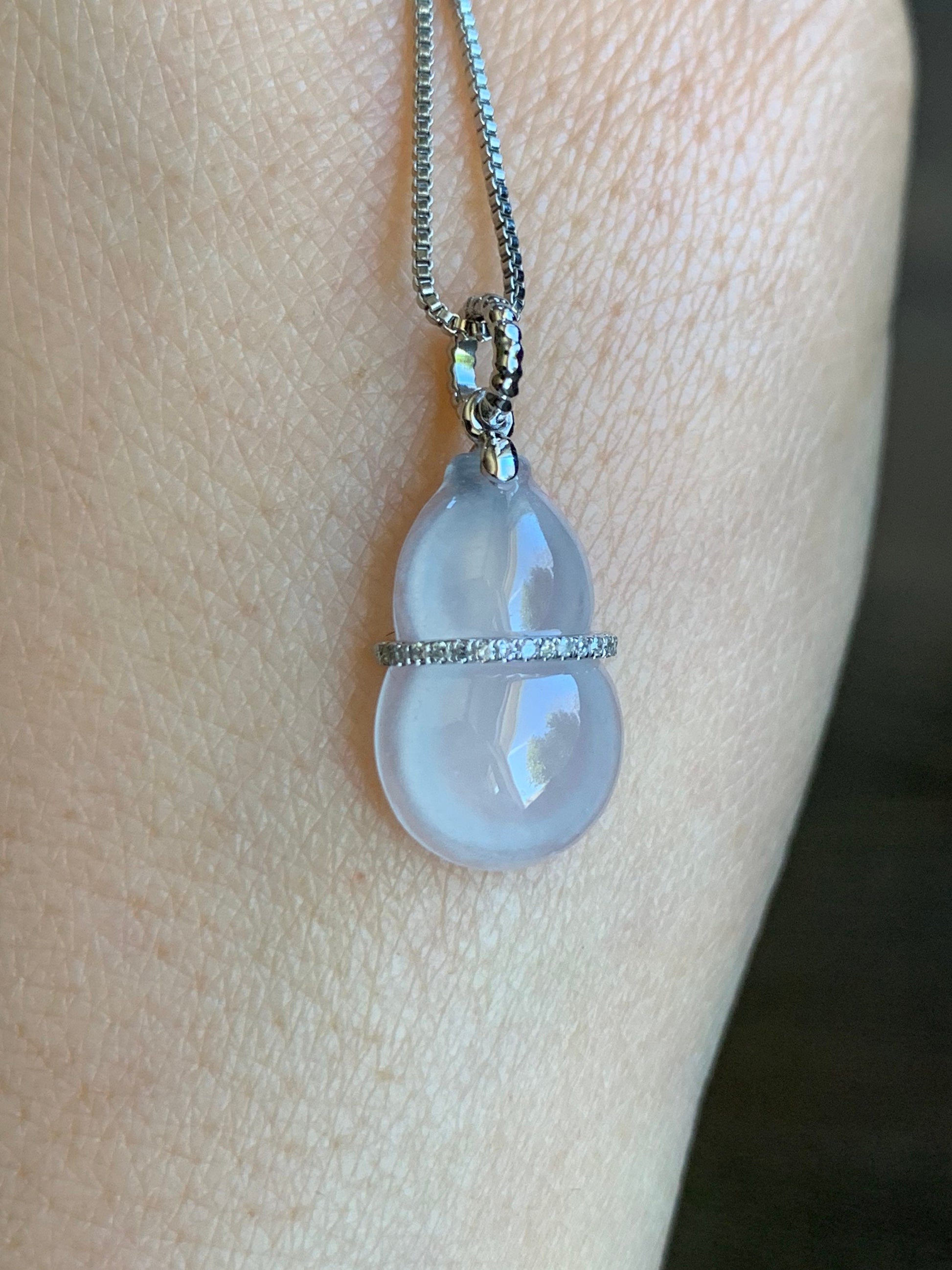 Certified Natural Burmese Premium Icy Translucent White Jadeite Hulu Gourd Pendant 18K White Gold Diamonds 天然缅甸起光白冰翡翠葫芦钻石镶嵌吊坠