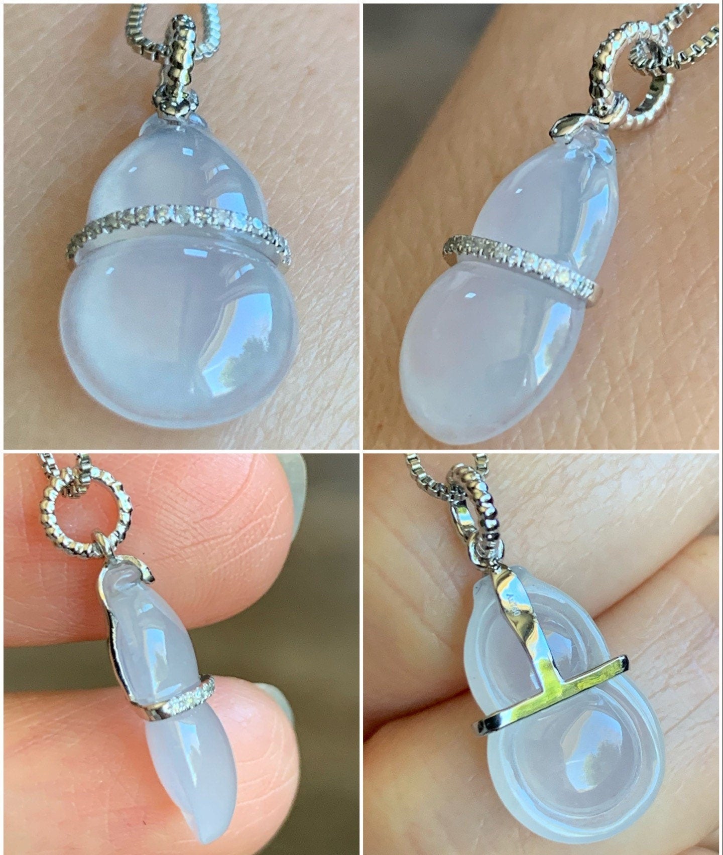Certified Natural Burmese Premium Icy Translucent White Jadeite Hulu Gourd Pendant 18K White Gold Diamonds 天然缅甸起光白冰翡翠葫芦钻石镶嵌吊坠