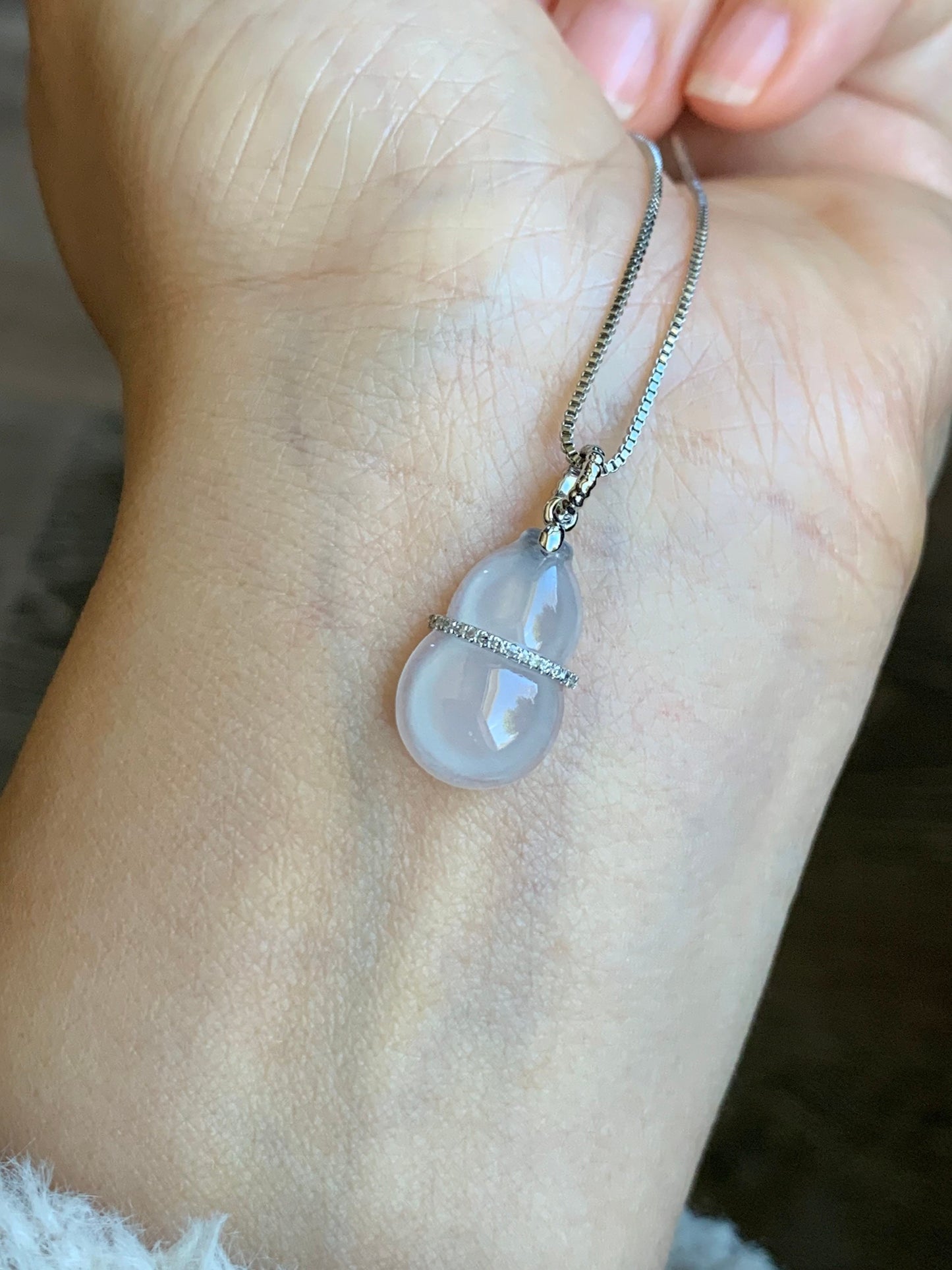Certified Natural Burmese Premium Icy Translucent White Jadeite Hulu Gourd Pendant 18K White Gold Diamonds 天然缅甸起光白冰翡翠葫芦钻石镶嵌吊坠