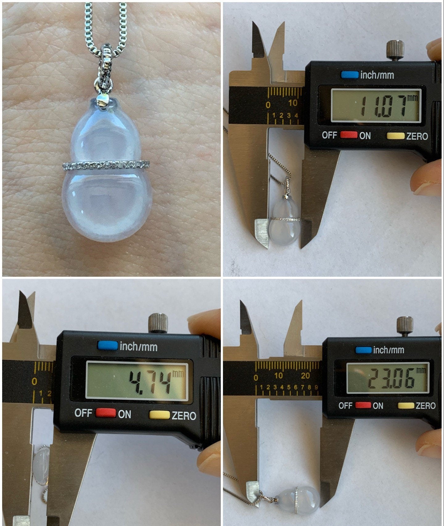 Certified Natural Burmese Premium Icy Translucent White Jadeite Hulu Gourd Pendant 18K White Gold Diamonds 天然缅甸起光白冰翡翠葫芦钻石镶嵌吊坠