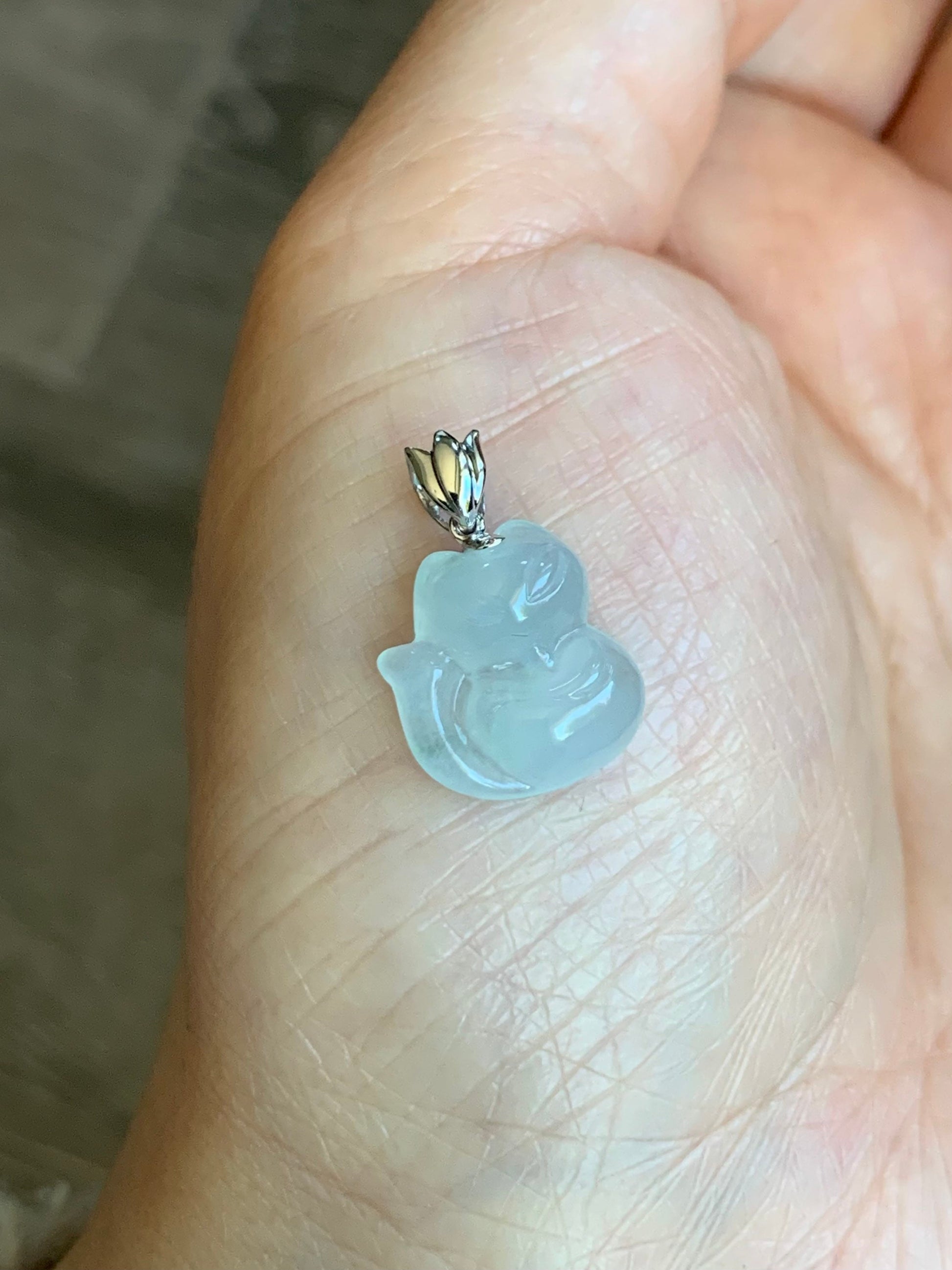 Certified Natural Burmese Icy Translucent & Gelatinous White Jadeite 3D Carved Nine-Tailed Fox Pendant 18K White Gold 天然缅甸白冰起胶翡翠九尾狐狸吊坠