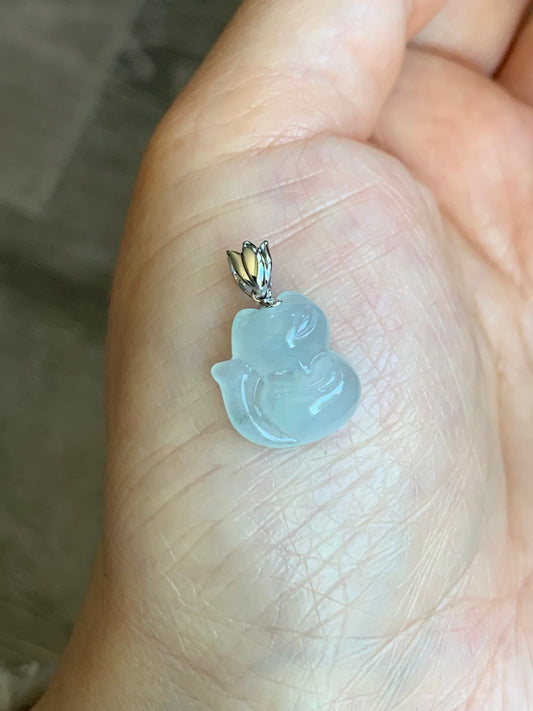 Certified Natural Burmese Icy Translucent & Gelatinous White Jadeite 3D Carved Nine-Tailed Fox Pendant 18K White Gold 天然缅甸白冰起胶翡翠九尾狐狸吊坠