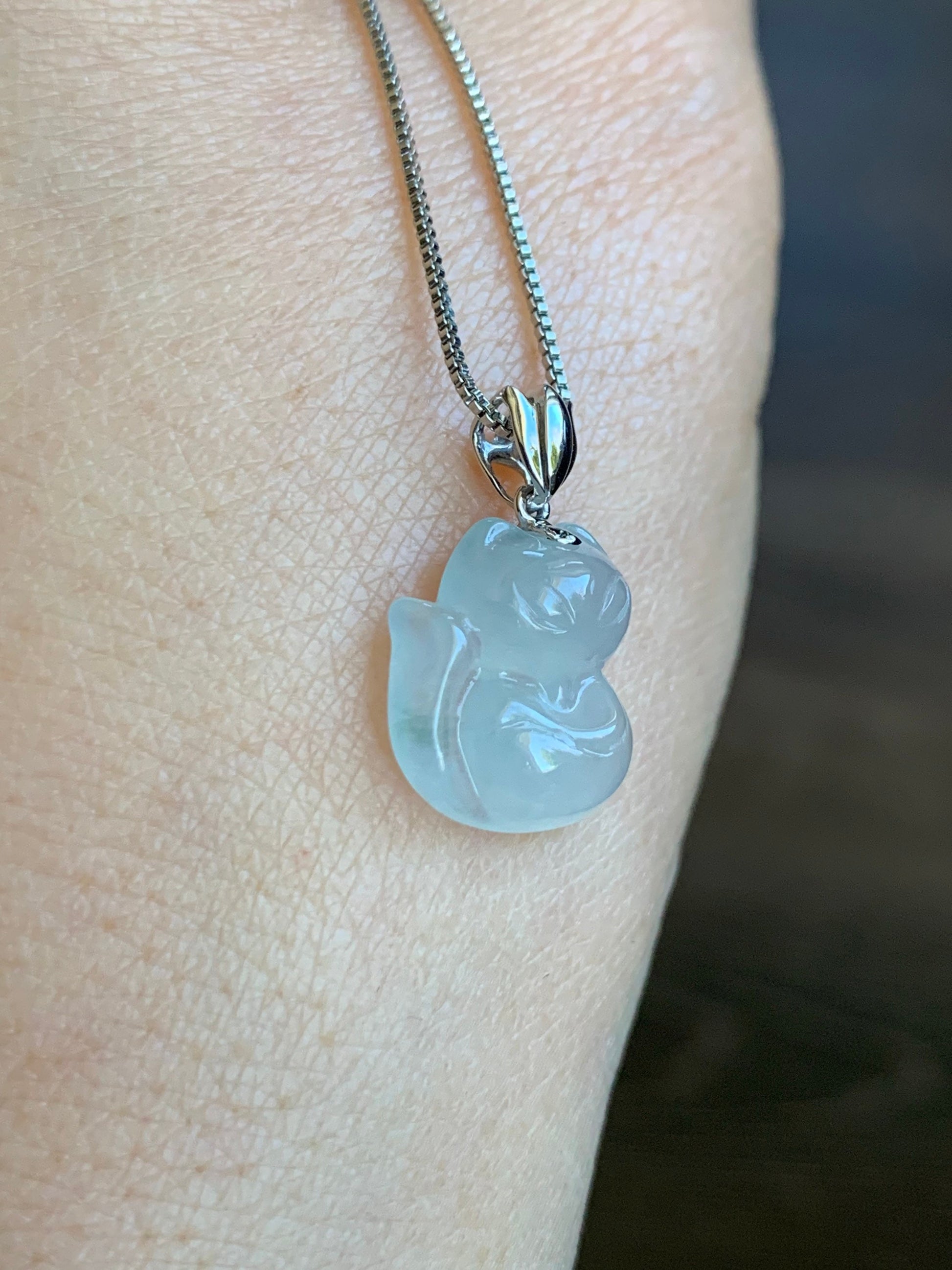 Certified Natural Burmese Icy Translucent & Gelatinous White Jadeite 3D Carved Nine-Tailed Fox Pendant 18K White Gold 天然缅甸白冰起胶翡翠九尾狐狸吊坠