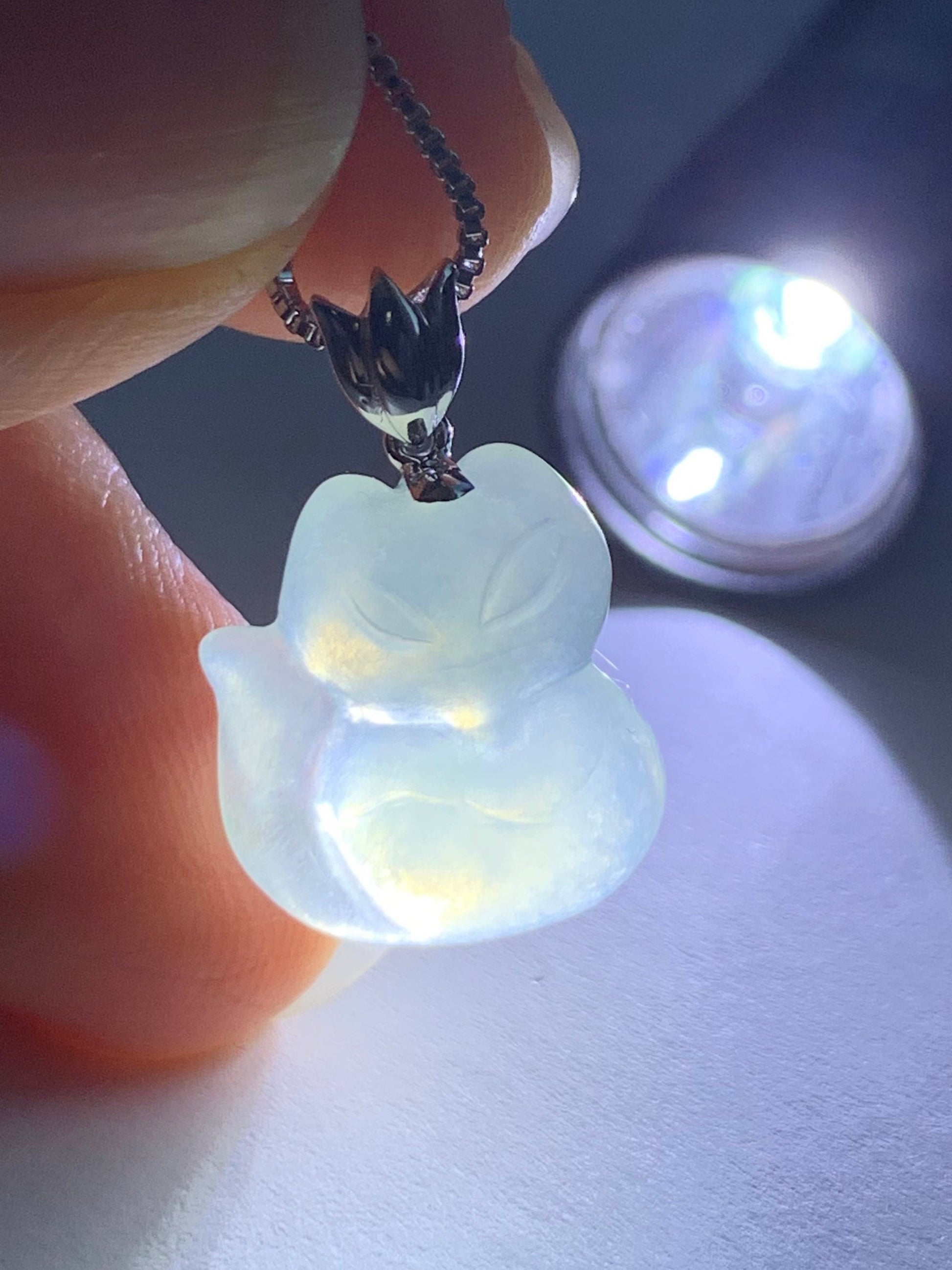 Certified Natural Burmese Icy Translucent & Gelatinous White Jadeite 3D Carved Nine-Tailed Fox Pendant 18K White Gold 天然缅甸白冰起胶翡翠九尾狐狸吊坠