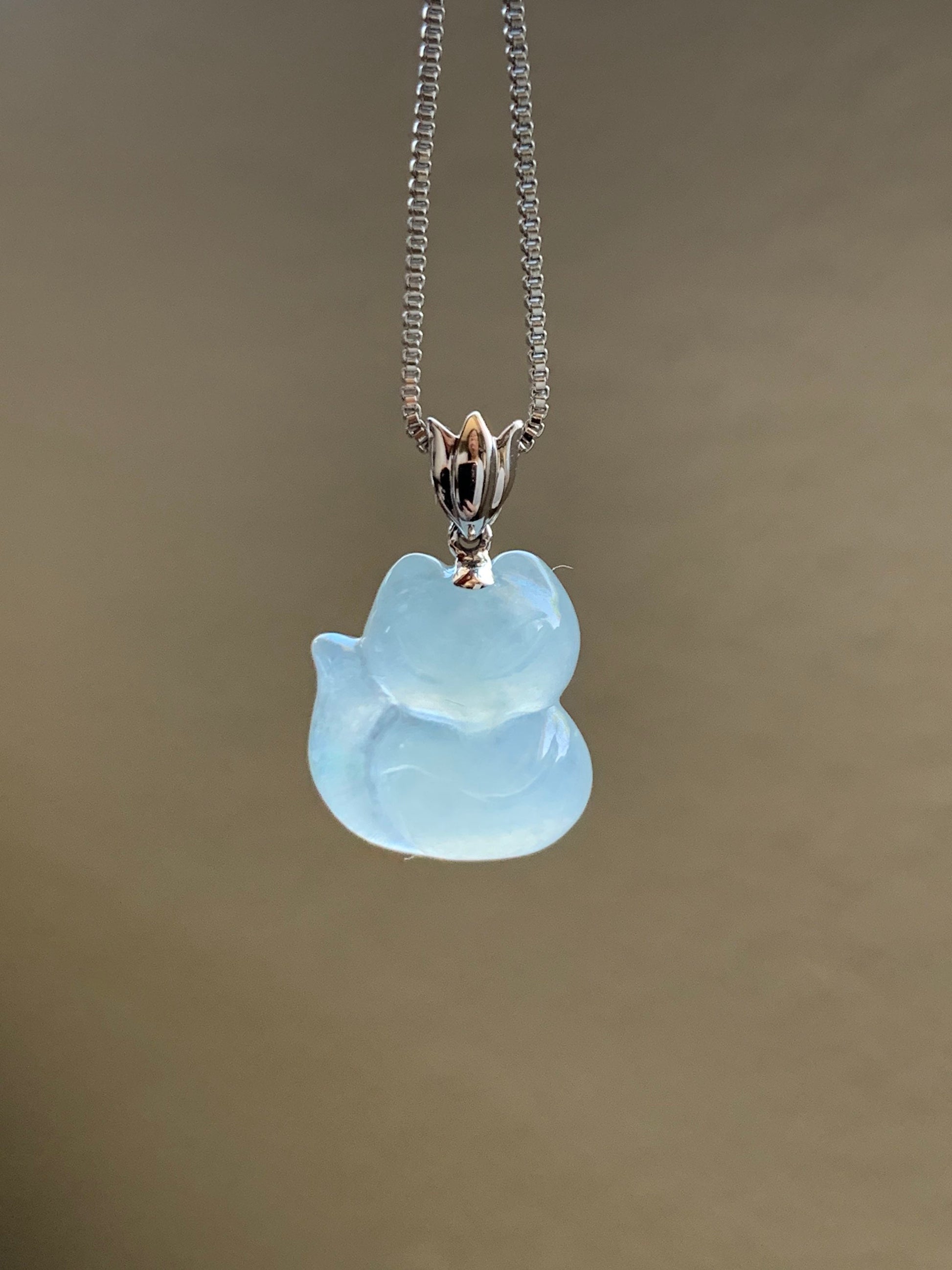 Certified Natural Burmese Icy Translucent & Gelatinous White Jadeite 3D Carved Nine-Tailed Fox Pendant 18K White Gold 天然缅甸白冰起胶翡翠九尾狐狸吊坠