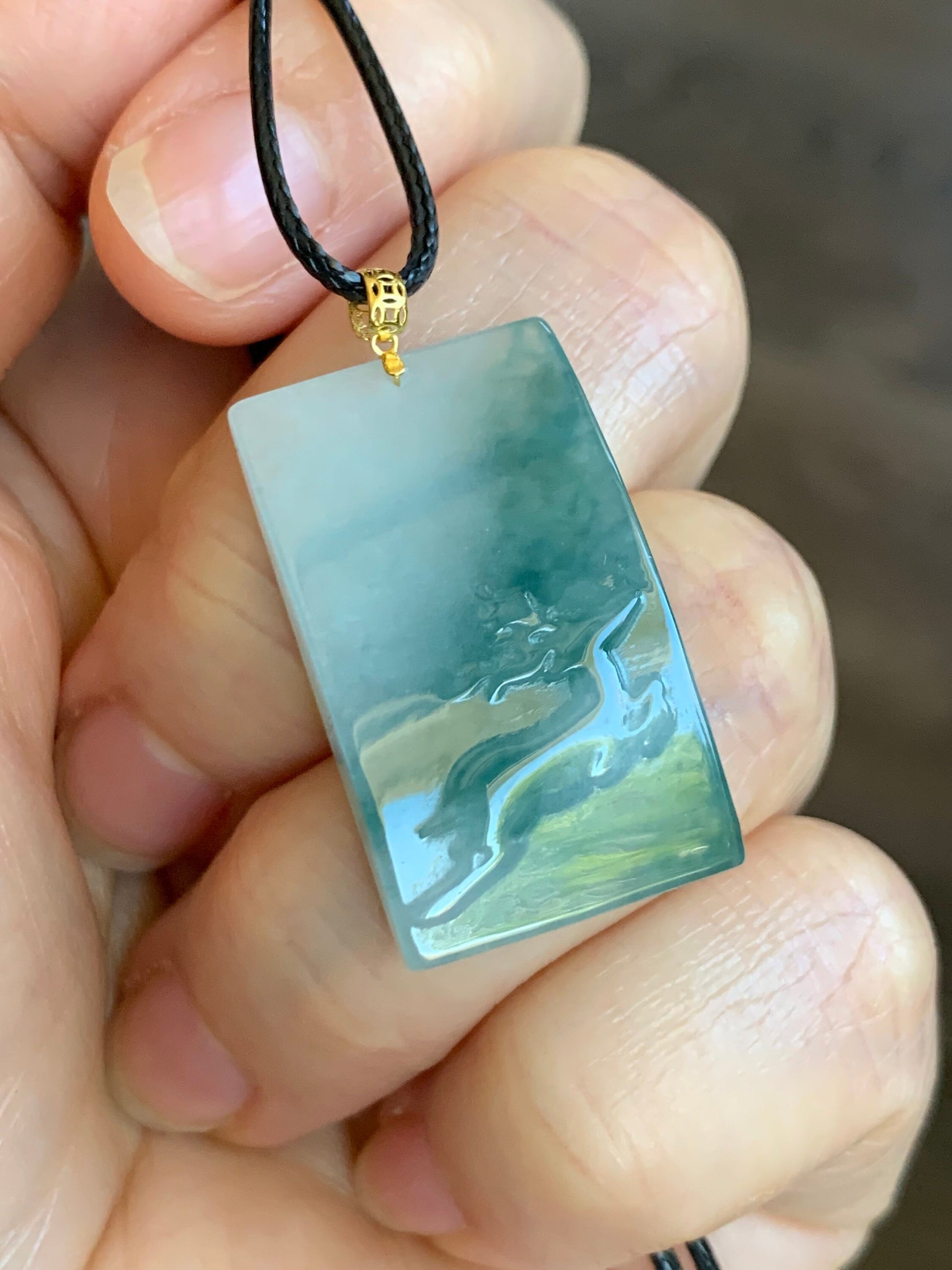 Natural Burmese Translucent Icy Teal Marbled Jadeite Deer Blessing Amulet Pendant 18K Yellow Gold Bail 天然缅甸细糯飘蓝花翡翠一鹿有你吊坠