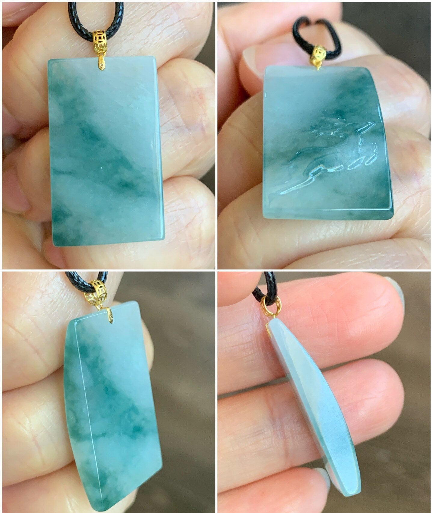 Natural Burmese Translucent Icy Teal Marbled Jadeite Deer Blessing Amulet Pendant 18K Yellow Gold Bail 天然缅甸细糯飘蓝花翡翠一鹿有你吊坠