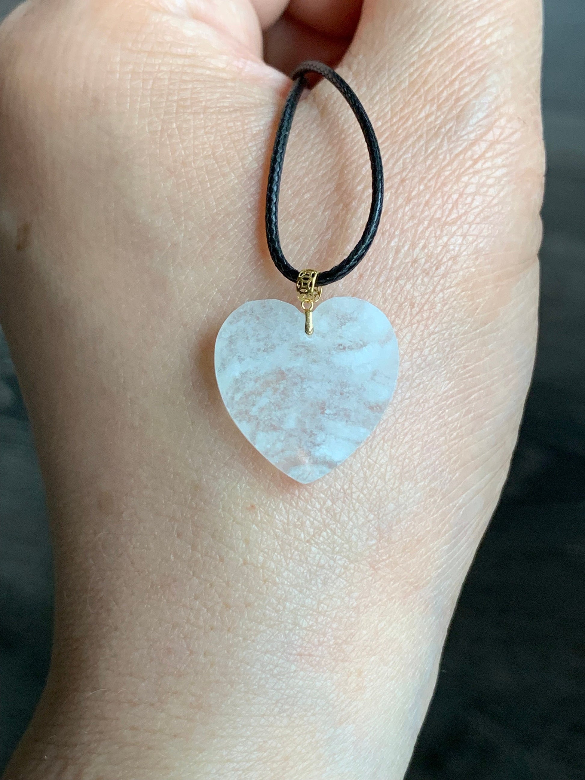 Natural Burmese Highly Translucent Icy Jadeite w/ White Marbling Heart Pendant 18K Yellow Gold Bail 17” Cord 天然缅甸白冰莫西沙翡翠爱心镶嵌吊坠 Style 1