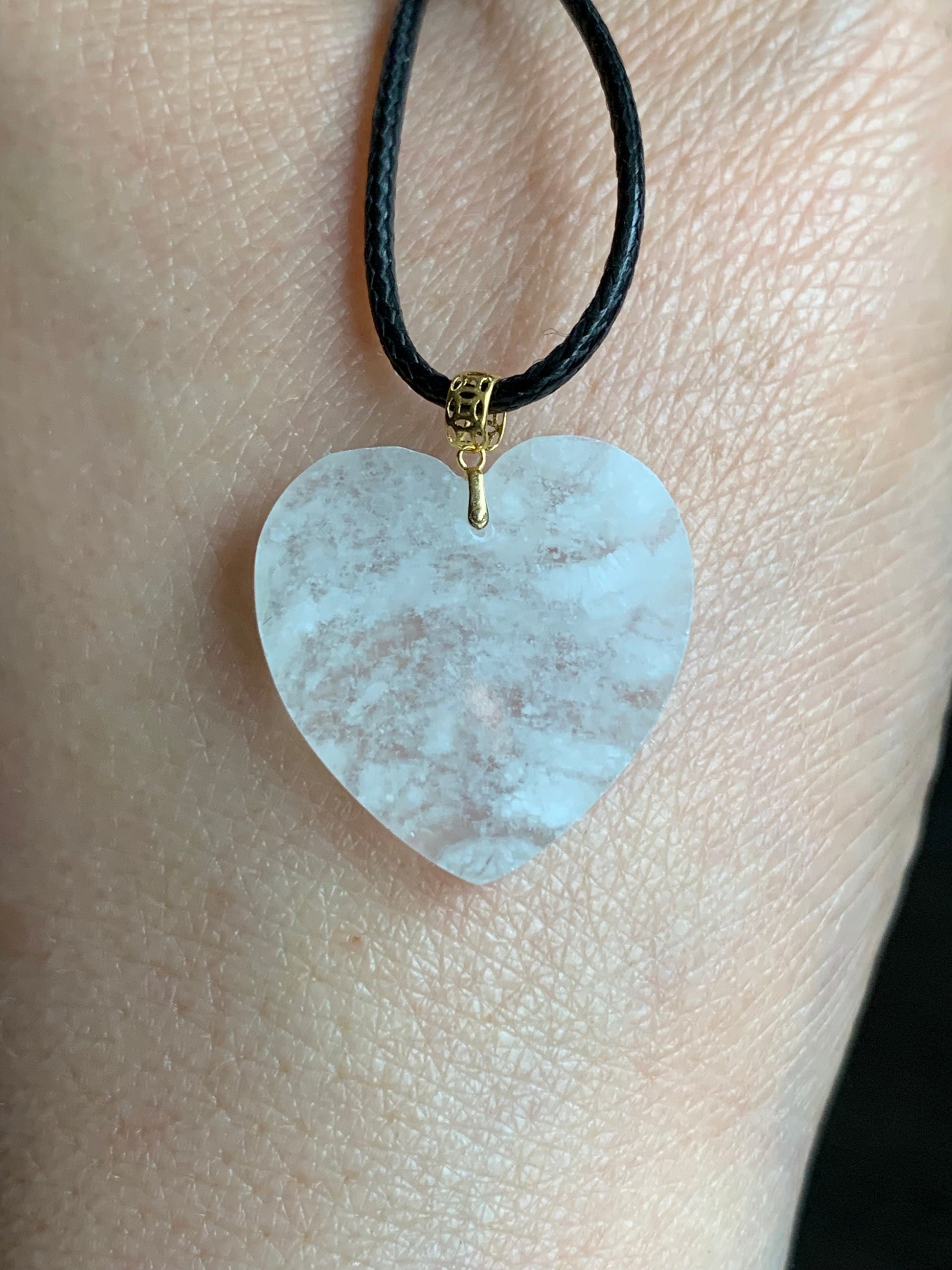 Natural Burmese Highly Translucent Icy Jadeite w/ White Marbling Heart Pendant 18K Yellow Gold Bail 17” Cord 天然缅甸白冰莫西沙翡翠爱心镶嵌吊坠 Style 1