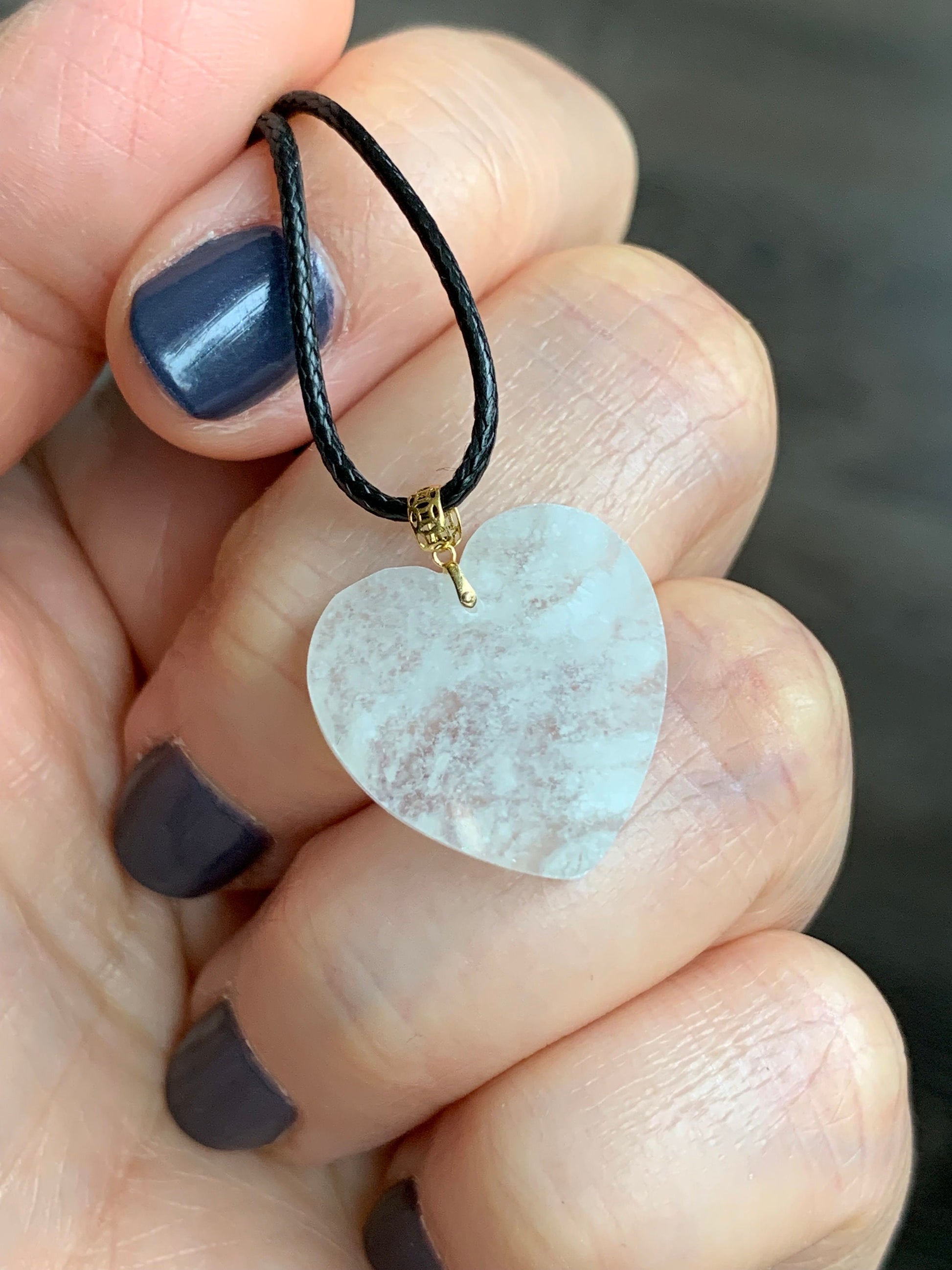 Natural Burmese Highly Translucent Icy Jadeite w/ White Marbling Heart Pendant 18K Yellow Gold Bail 17” Cord 天然缅甸白冰莫西沙翡翠爱心镶嵌吊坠 Style 1