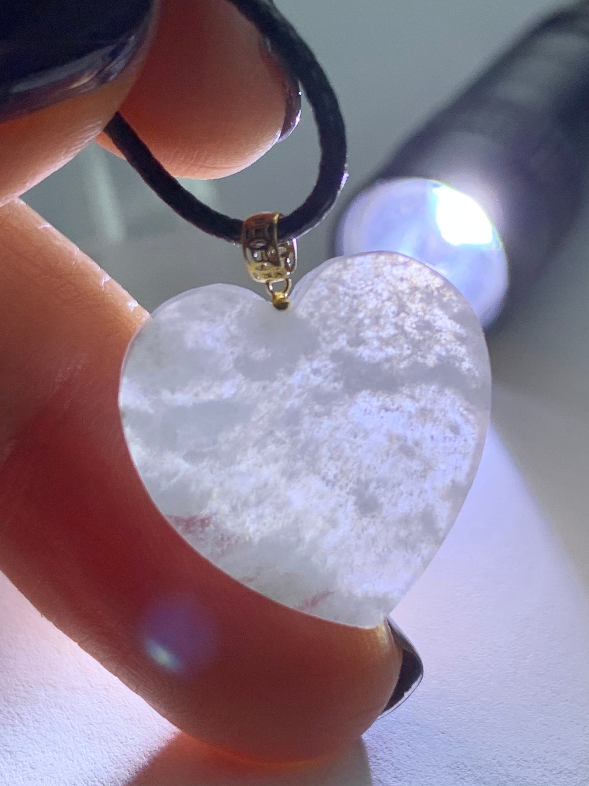 Natural Burmese Highly Translucent Icy Jadeite w/ White Marbling Heart Pendant 18K Yellow Gold Bail 17” Cord 天然缅甸白冰莫西沙翡翠爱心镶嵌吊坠 Style 1
