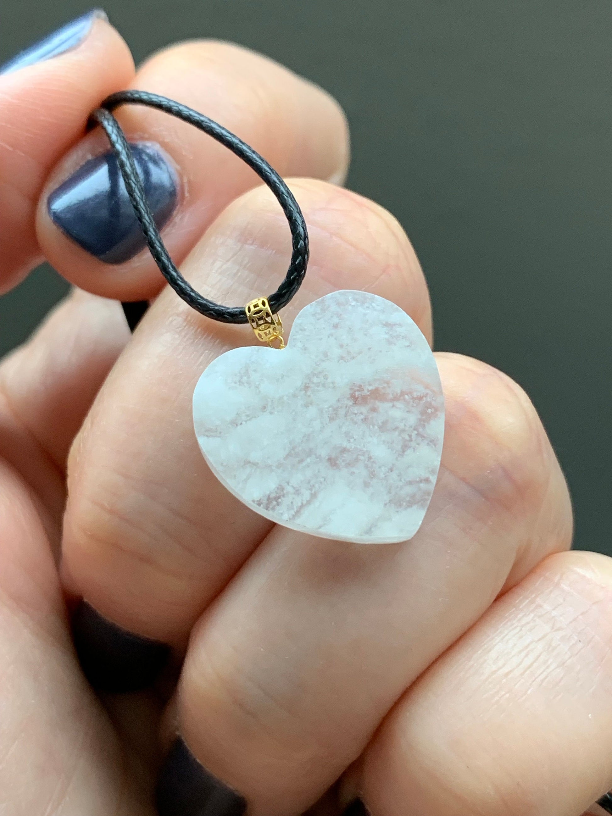 Natural Burmese Highly Translucent Icy Jadeite w/ White Marbling Heart Pendant 18K Yellow Gold Bail 17” Cord 天然缅甸白冰莫西沙翡翠爱心镶嵌吊坠 Style 1