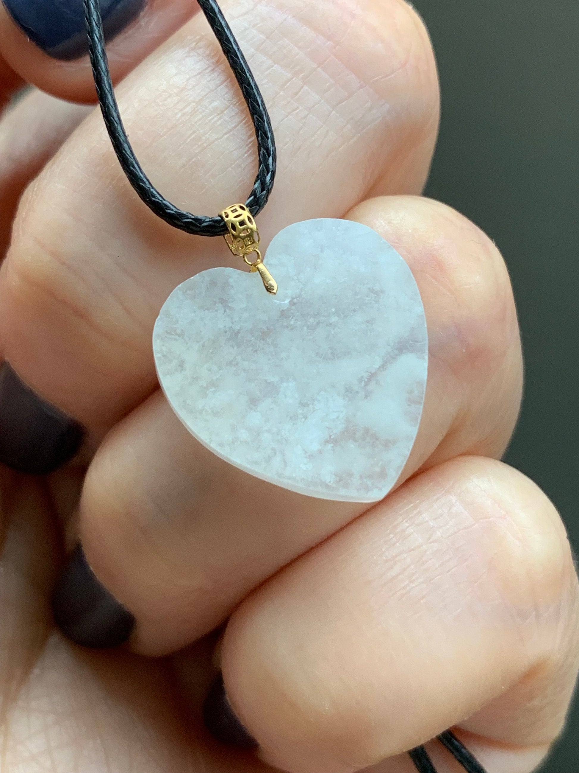 Natural Burmese Highly Translucent Icy Jadeite w/ White Marbling Heart Pendant 18K Yellow Gold Bail 17” Cord 天然缅甸白冰莫西沙翡翠爱心镶嵌吊坠 Style 2