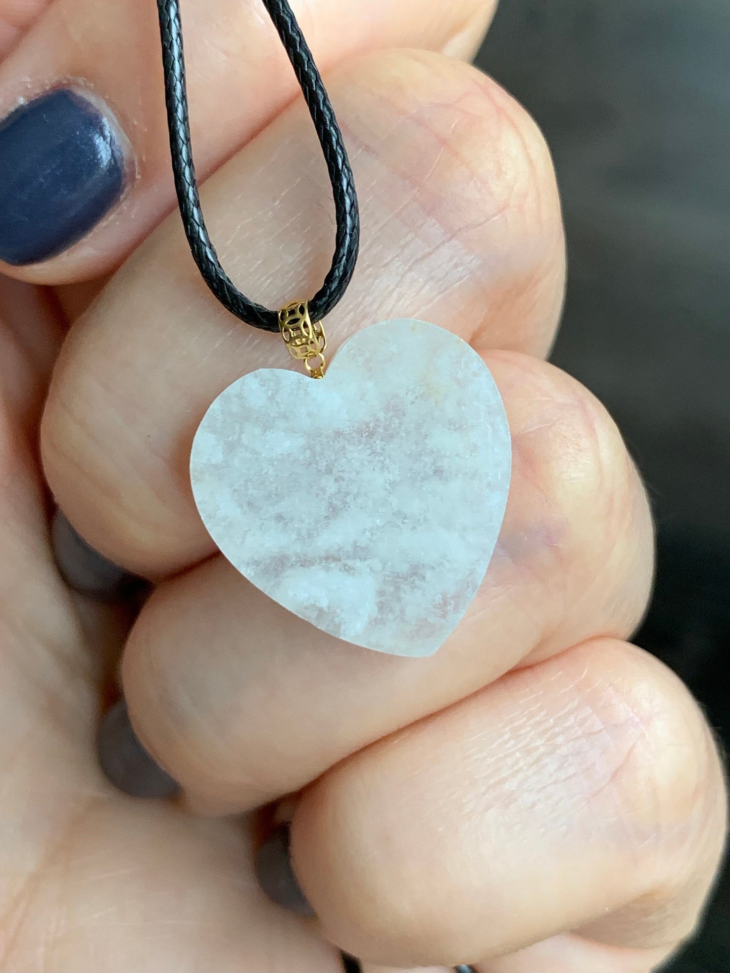 Natural Burmese Highly Translucent Icy Jadeite w/ White Marbling Heart Pendant 18K Yellow Gold Bail 17” Cord 天然缅甸白冰莫西沙翡翠爱心镶嵌吊坠 Style 2