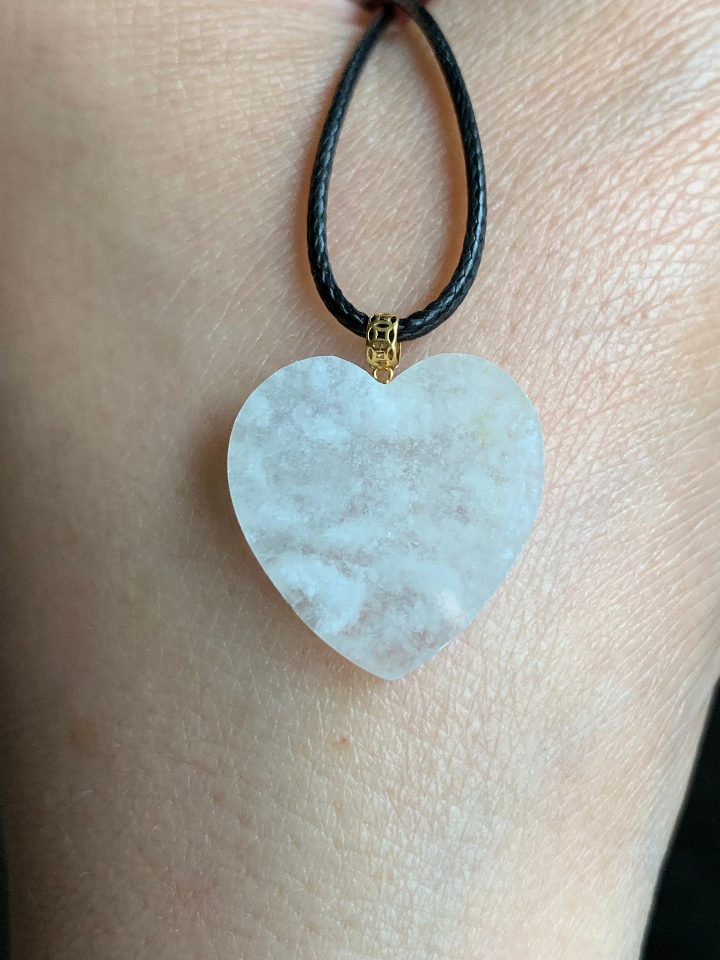 Natural Burmese Highly Translucent Icy Jadeite w/ White Marbling Heart Pendant 18K Yellow Gold Bail 17” Cord 天然缅甸白冰莫西沙翡翠爱心镶嵌吊坠 Style 2