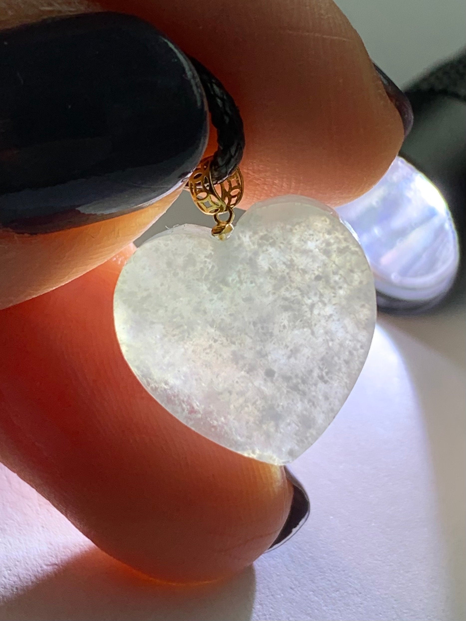 Natural Burmese Highly Translucent Icy Light Green Jadeite w/ White Marbling Heart Pendant 18K Yellow Gold Bail 17” Cord 天然缅甸冰晴莫西沙翡翠爱心镶嵌吊