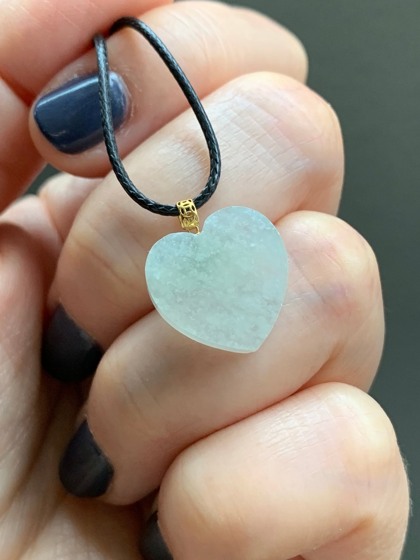 Natural Burmese Highly Translucent Icy Light Green Jadeite w/ White Marbling Heart Pendant 18K Yellow Gold Bail 17” Cord 天然缅甸冰晴莫西沙翡翠爱心镶嵌吊