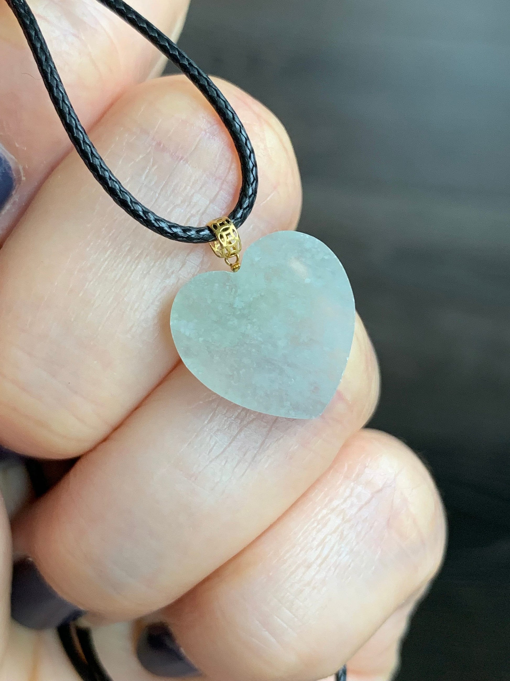 Natural Burmese Highly Translucent Icy Light Green Jadeite w/ White Marbling Heart Pendant 18K Yellow Gold Bail 17” Cord 天然缅甸冰晴莫西沙翡翠爱心镶嵌吊