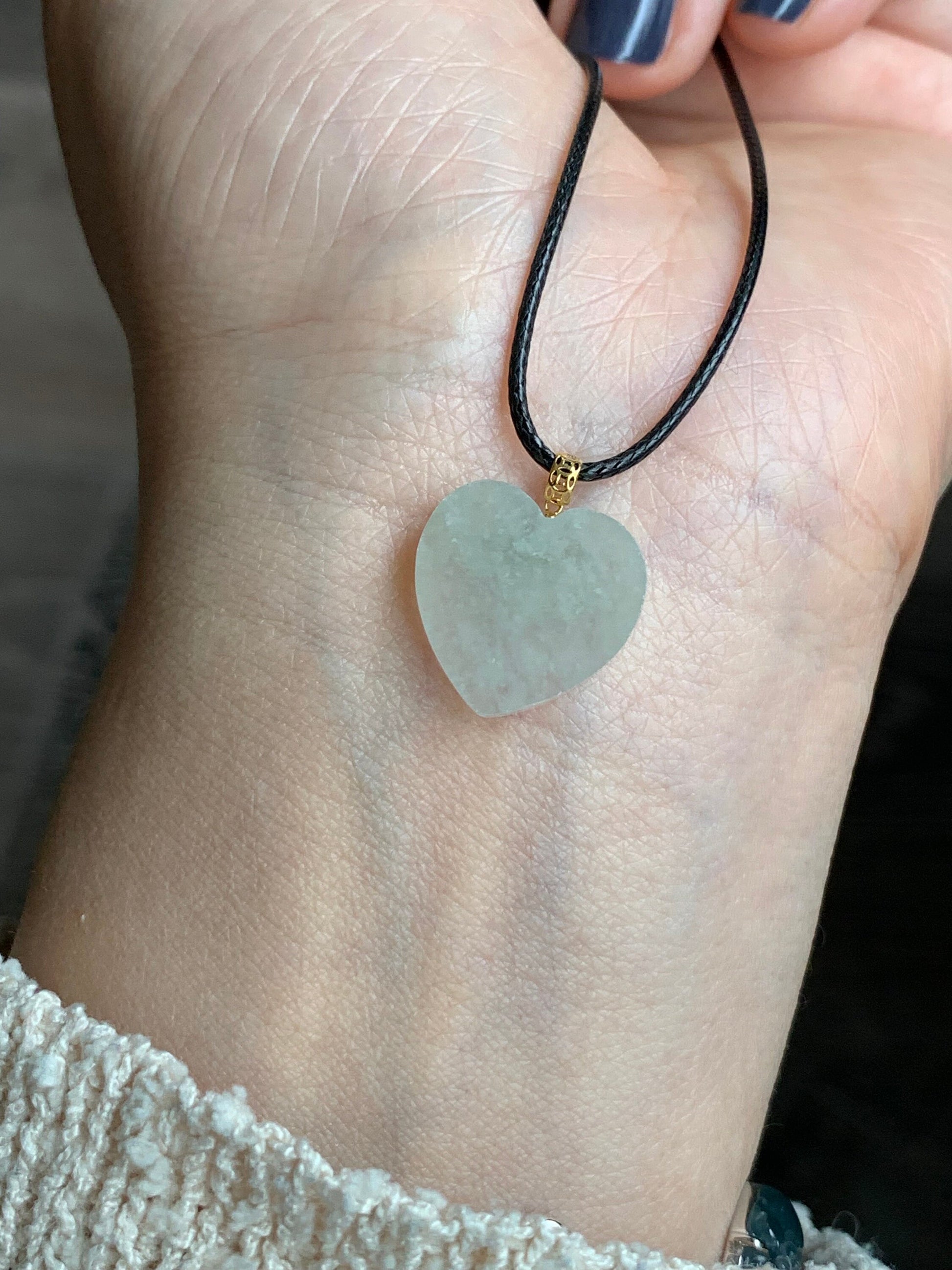 Natural Burmese Highly Translucent Icy Light Green Jadeite w/ White Marbling Heart Pendant 18K Yellow Gold Bail 17” Cord 天然缅甸冰晴莫西沙翡翠爱心镶嵌吊