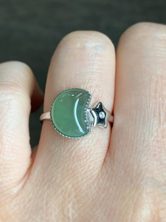 Certified Natural Burmese Icy Highly Translucent Green Jadeite Moon and Star Ring 18K White Gold & Diamonds size 7.25 天然缅甸起光冰绿翡翠星星月亮镶嵌戒指