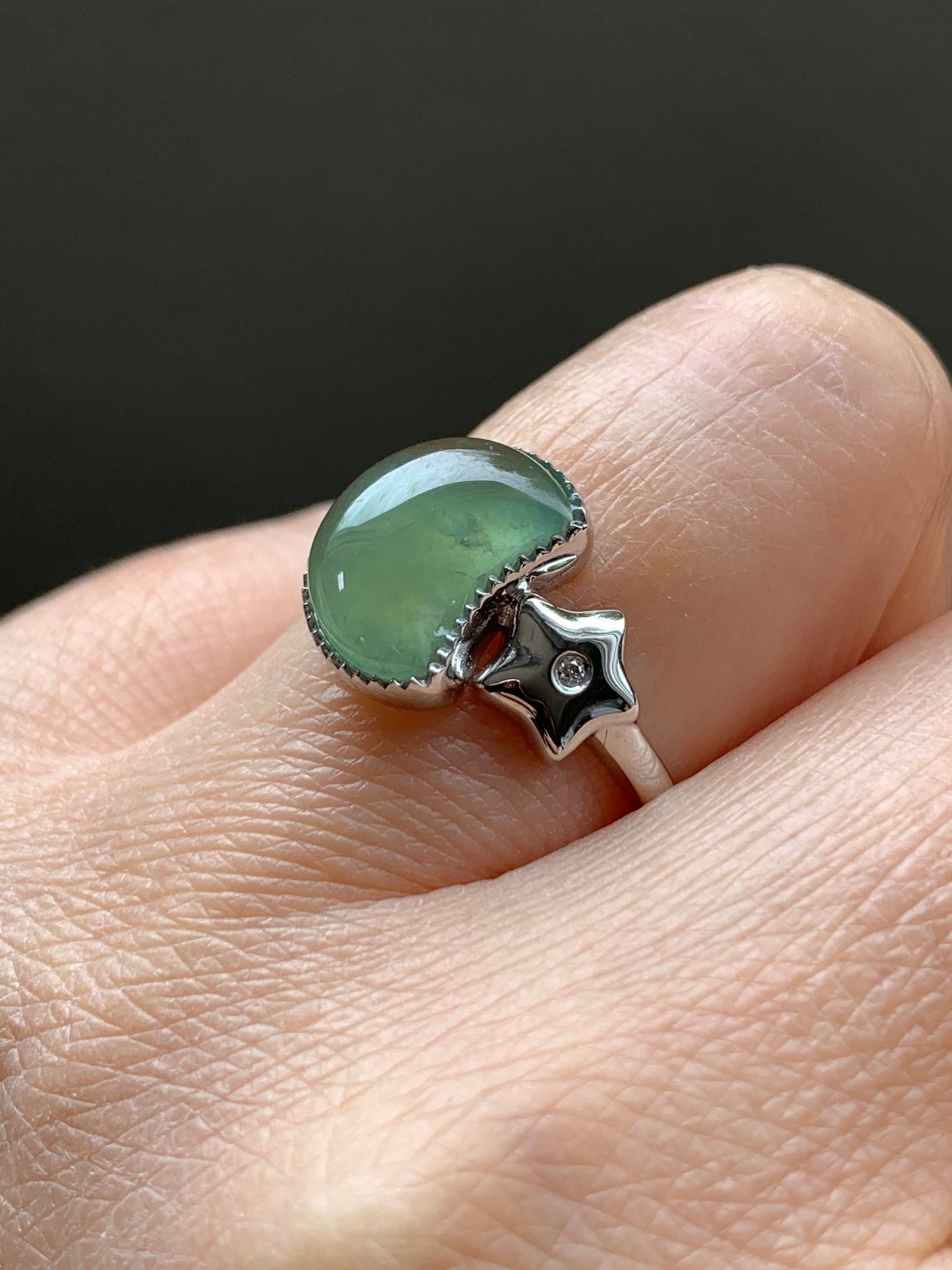 Certified Natural Burmese Icy Highly Translucent Green Jadeite Moon and Star Ring 18K White Gold & Diamonds size 7.25 天然缅甸起光冰绿翡翠星星月亮镶嵌戒指