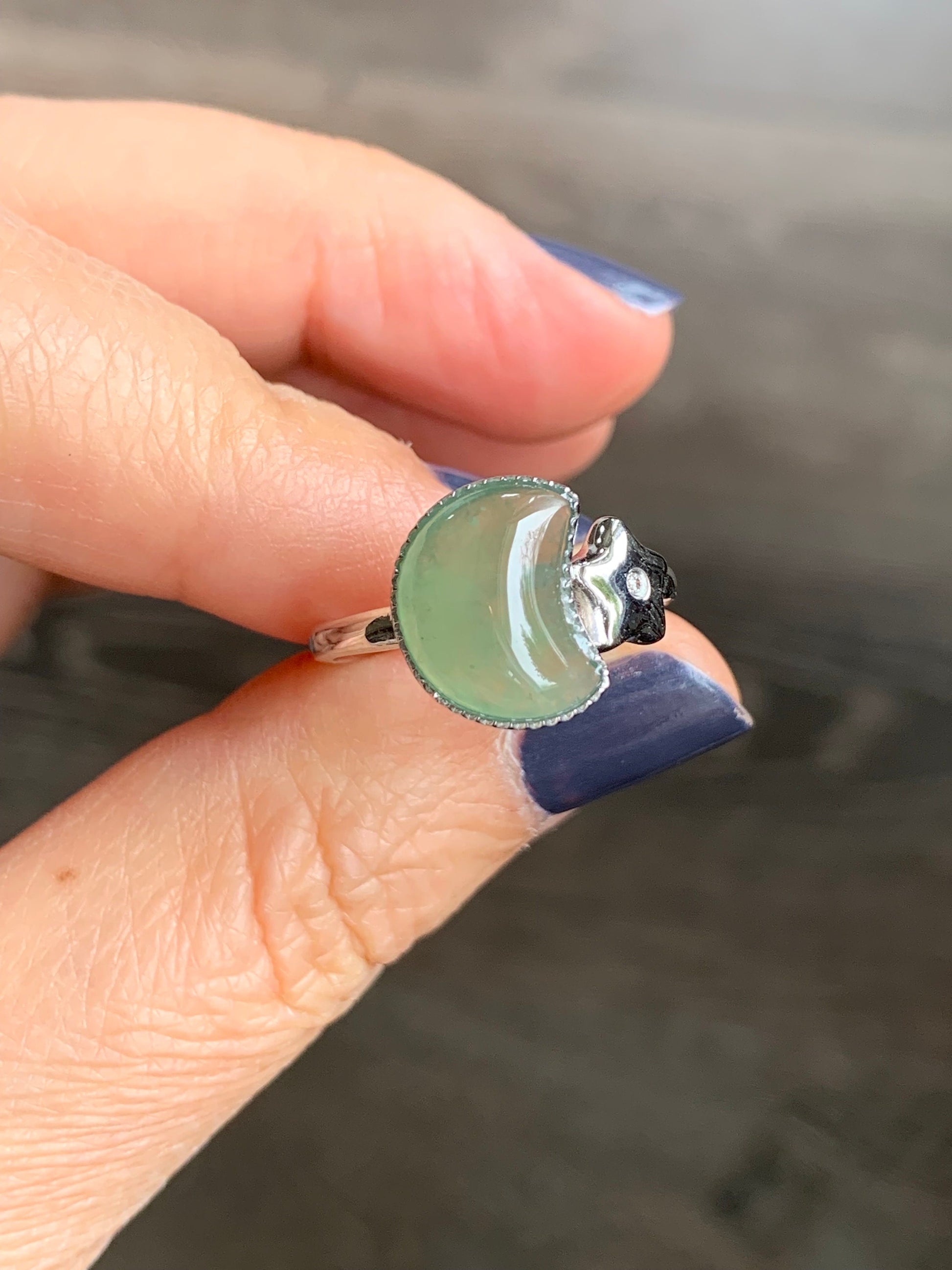 Certified Natural Burmese Icy Highly Translucent Green Jadeite Moon and Star Ring 18K White Gold & Diamonds size 7.25 天然缅甸起光冰绿翡翠星星月亮镶嵌戒指