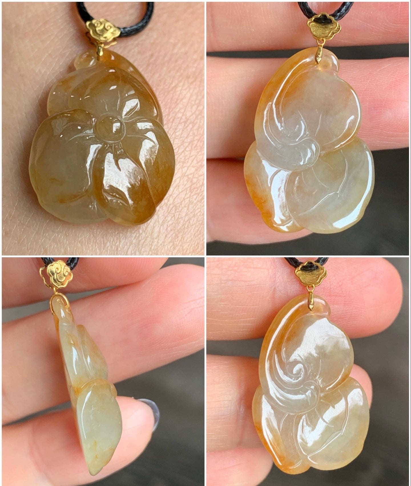 Natural Burmese A Graded Icy Translucent Rich Yellow Marbled Jadeite Carved Lily Pad Pendant 18K Yellow Gold Bail 天然缅甸冰黄翡荷叶镶嵌吊坠