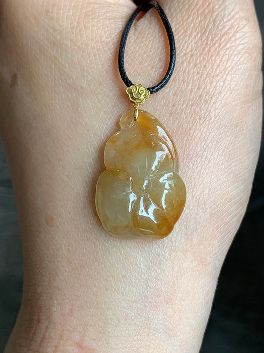 Natural Burmese A Graded Icy Translucent Rich Yellow Marbled Jadeite Carved Lily Pad Pendant 18K Yellow Gold Bail 天然缅甸冰黄翡荷叶镶嵌吊坠